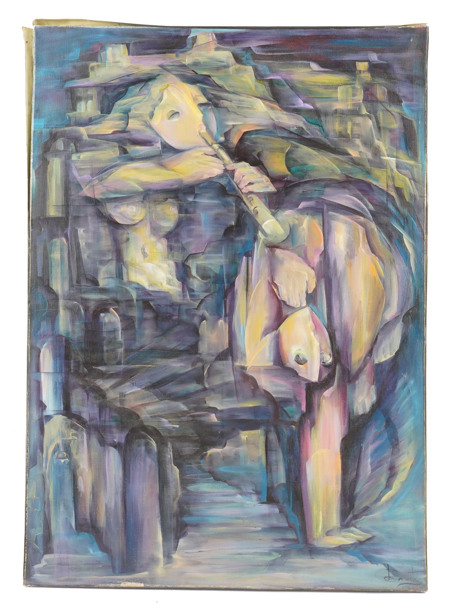 LIOUDMILA GANTSOVSKAIA FRENCH CUBIST OIL PAINTING: A large vintage oil on canvas abstract painting. Signed lower right. Additionally signed in French Lioudmila Gantsovskaia, titled Lauditeur de la nuit, The Night Listener, and dated 1999 on the back. 