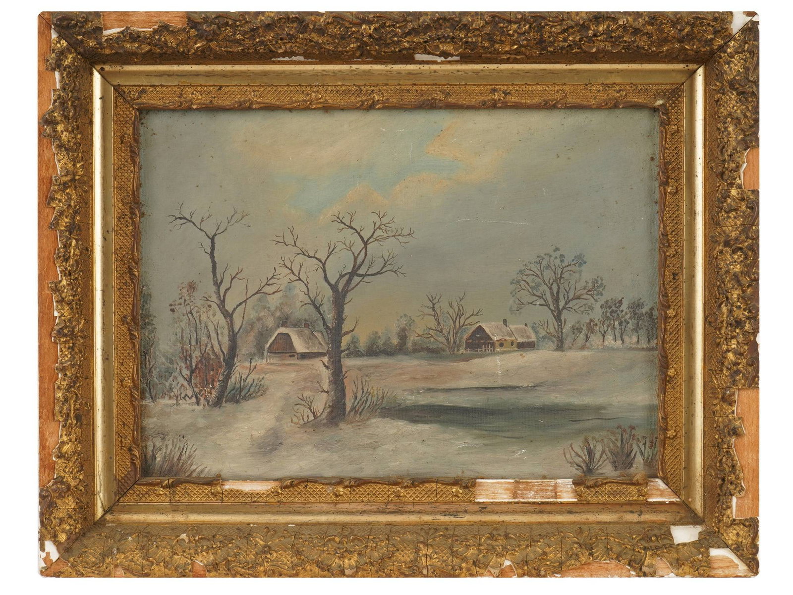 EARLY 20TH C WINTER LANDSCAPE OIL PAINTING: Oil painting on canvas. American school, folk art, first half of the 20th century. The artwork depicts a snow-covered village. Unsigned. Framed. Collectible Fine Art, Rural Landscape, Wall Decor. THIS