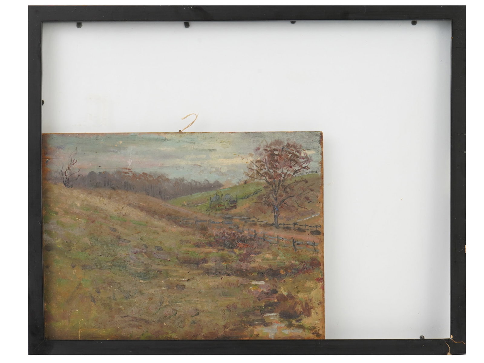 MID CENT DOUBLE SIDED RURAL LANDSCAPE OIL PAINTING: Oil painting on board. American school, mid-20th century. Double-sided piece depicting sketches of rural landscapes, a country road and autumn field. Unsigned. Comes with a frame. Collectible Fine Art