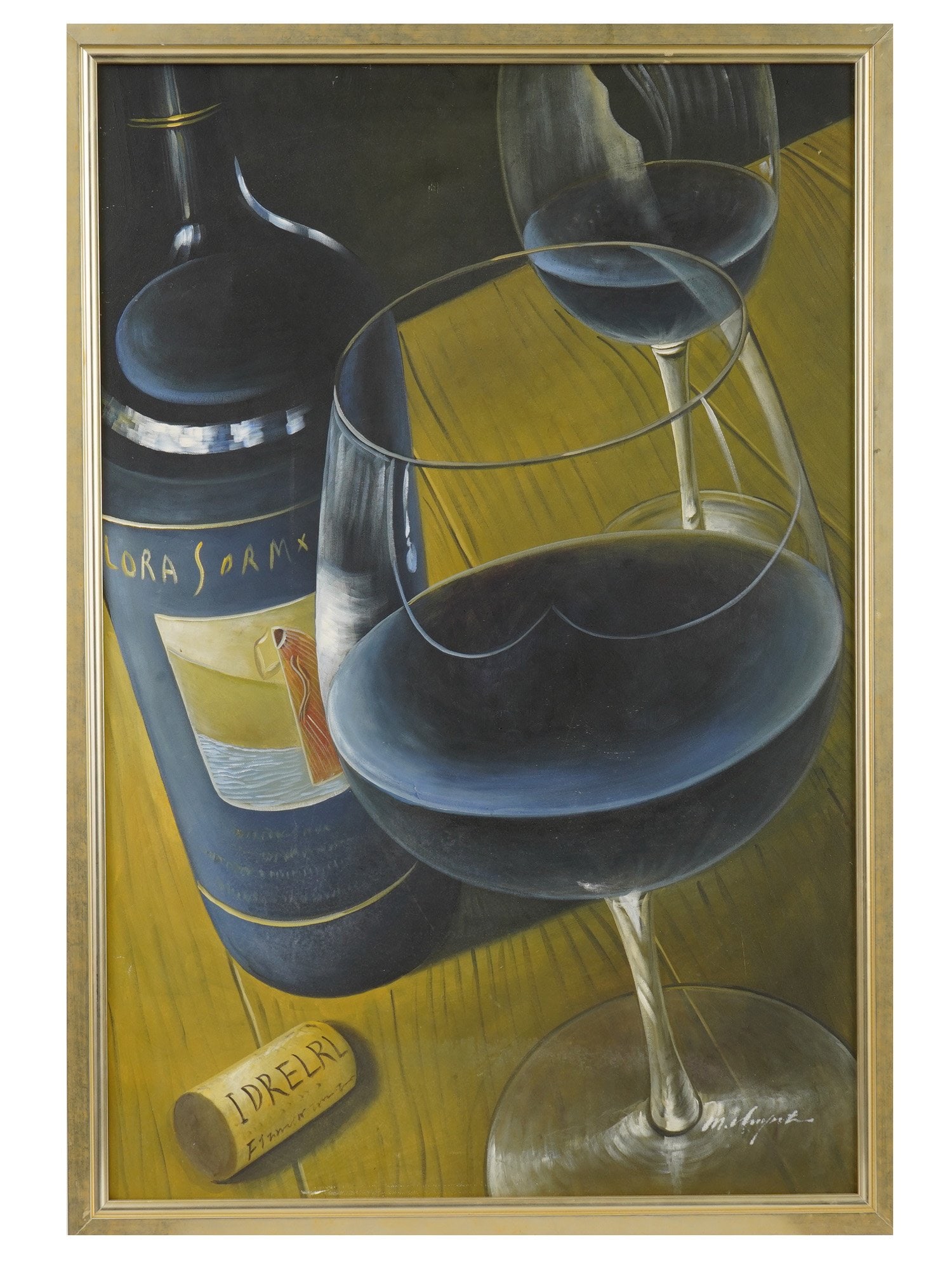 MID CENTURY OIL STILL LIFE WINE TABLESCAPE PAINTING: A mid-century oil painting on canvas depicting a still life wine tablescape. The composition features a wine bottle, filled glasses, and a cork arranged on a rustic tabletop, Signed by the artist. Sti