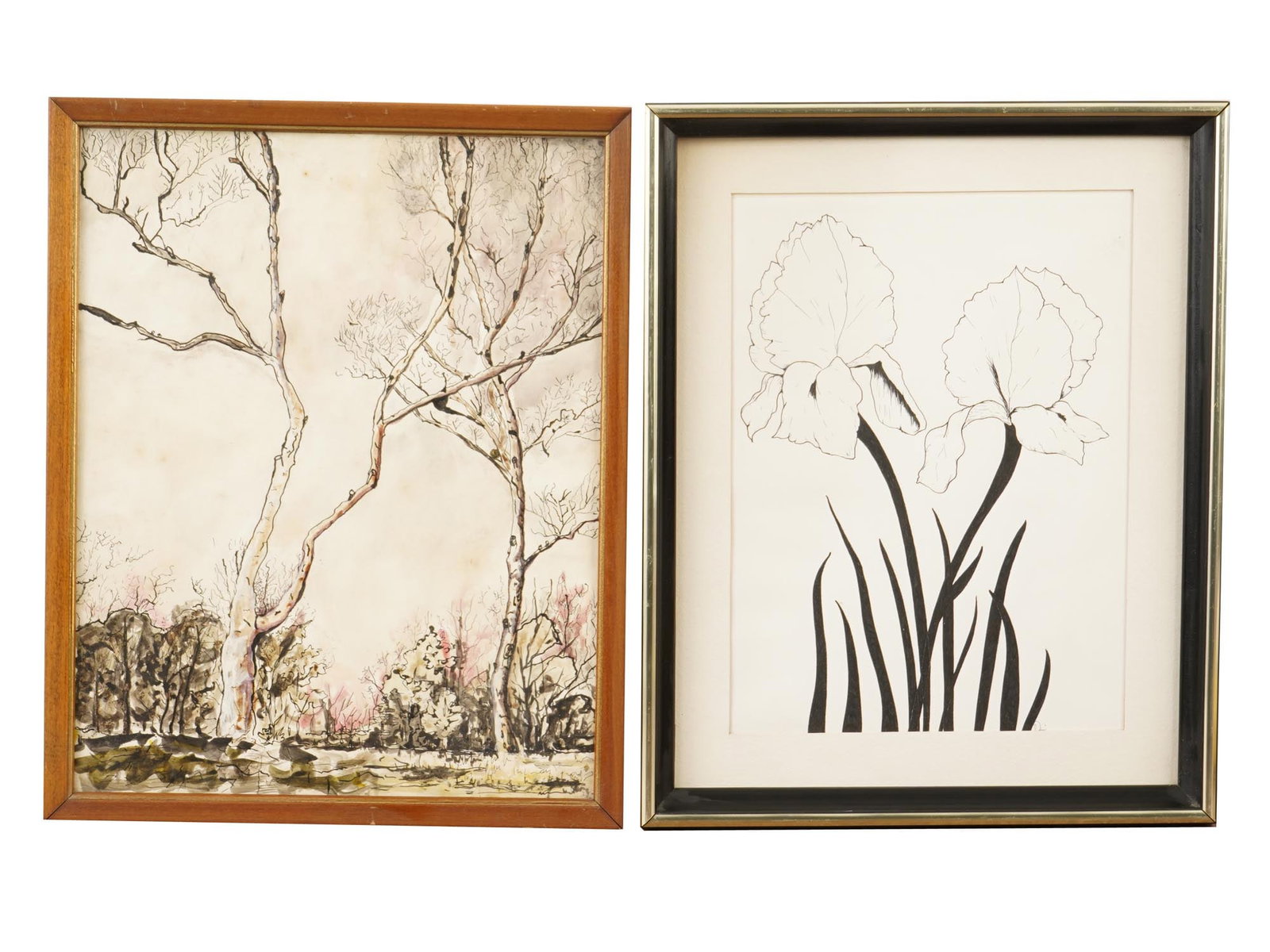 VTG MIXED MEDIA ON PAPER PAINTING AND LITHOGRAPH: A lot of two vintage artworks including a mixed media on paper painting and a lithograph. The painting depicts a forest landscape with trees in a soft brown color scheme. Framed. The lithograph depict