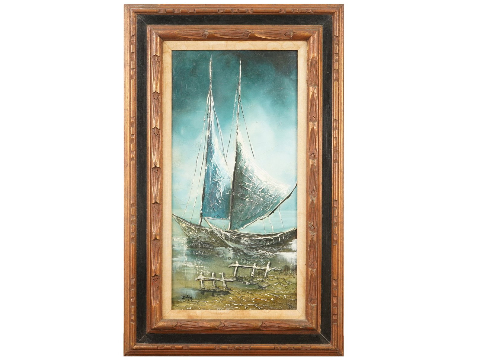 MARINE PAINTING OF A PAIR OF SAILBOATS IN A HARBOR: An oil painting on canvas depicting a seascape. Signed Dolya lower left. The composition depicts a pair of sailboats in a harbor. Framed. Marine Paintings And Art Collectibles. THIS LOT IS ELIGIBLE FO