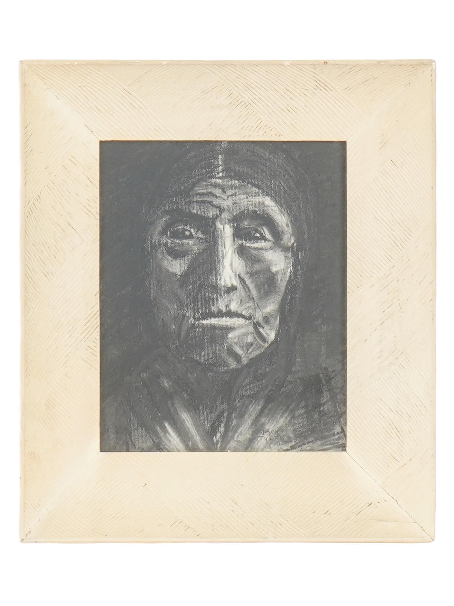 AMERICAN CHARCOAL PAINTING SIGNED JACK TYLER: An American charcoal painting on paper depicting a portrait of an old man. Signed lower right Jack Tyler, 72. Bears a paper label on the back side. Inscribed with the name artist, address, titled Amer