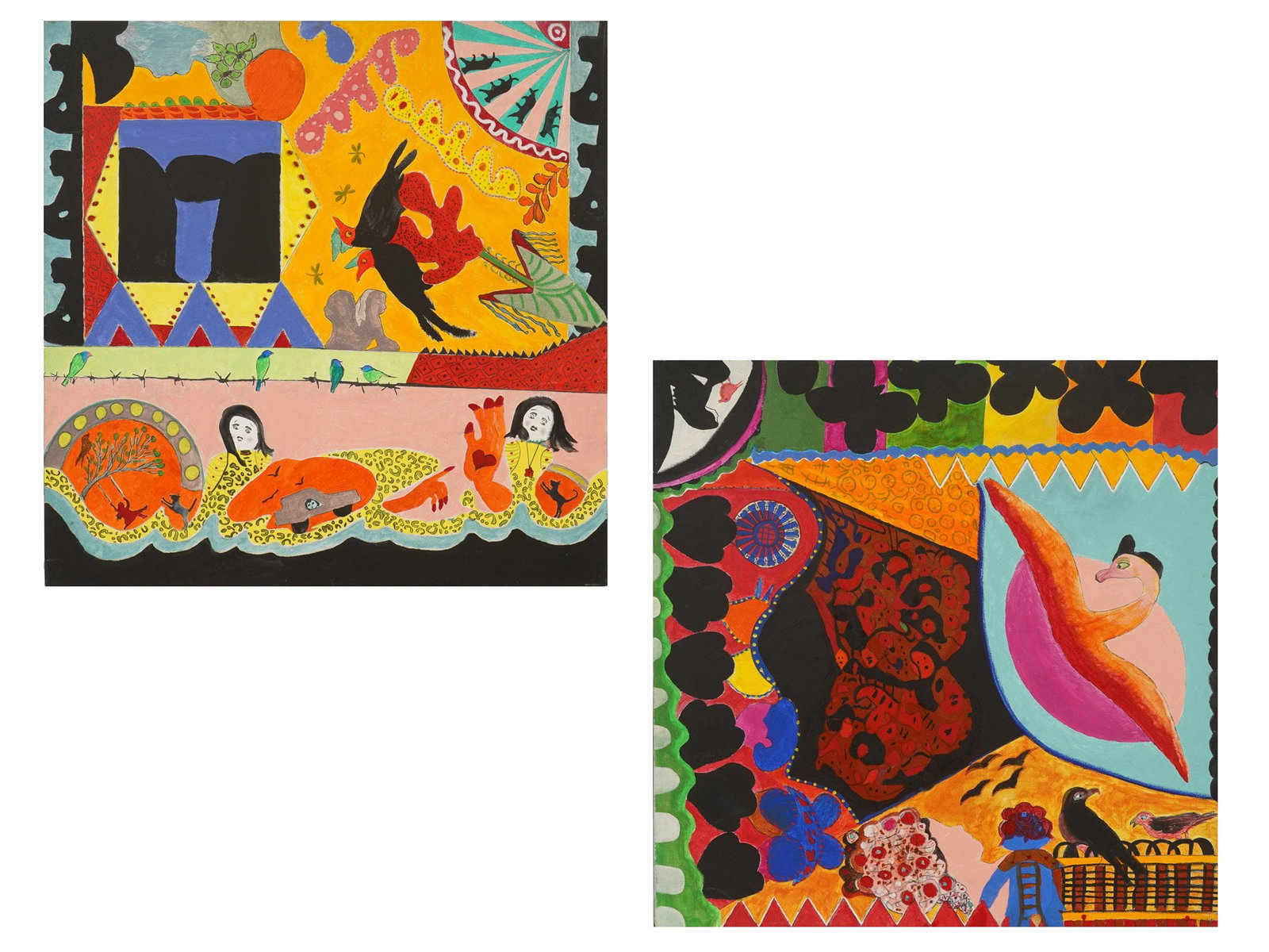 PAIR OF OIL ON CANVAS PAINTINGS BY JOY GLANZ: A pair of contemporary oil on canvas paintings by Joy Glanz, 2023. Square paintings depicting intricate genre scenes in the style of naive art. Signed by the artist and dated on the back side. Fine Ar