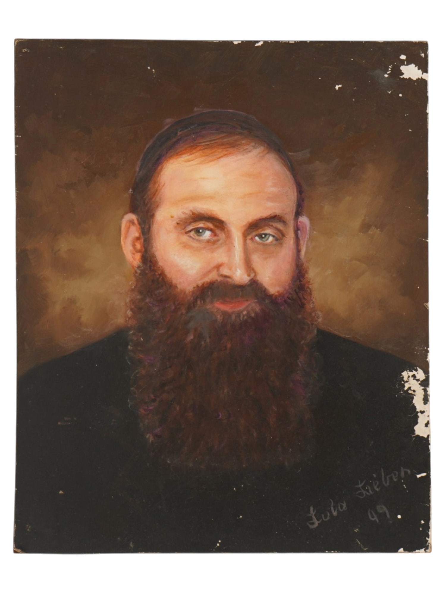 JUDAICA OIL PAINTING SIGNED LOLA LIEBER RABBI PORTRAIT: A mid-century Judaica oil portrait painting on masonite signed Lola Lieber, 1923 to 2014. Depicts a bearded Orthodox Jewish man, a rabbi or respected community elder, wearing a traditional skullcap. S