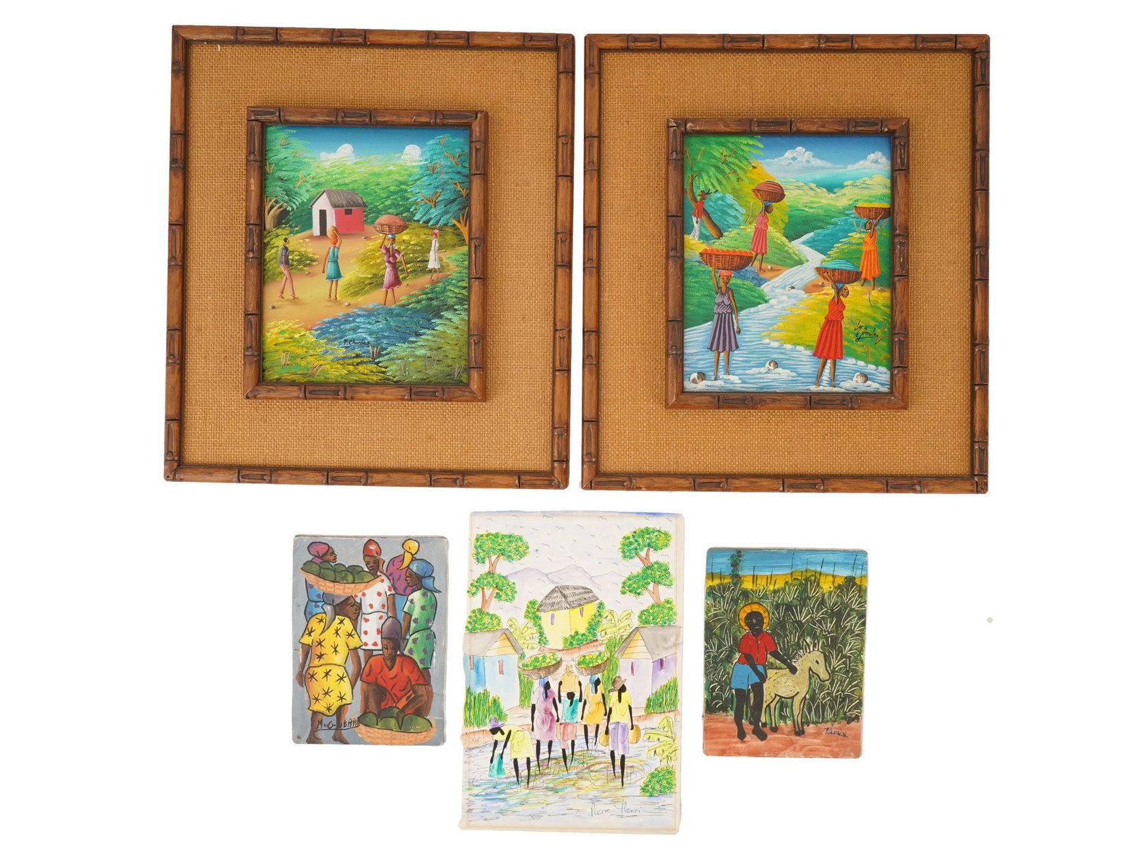 FIVE HAITIAN NAIVE MIXED MEDIA AND OIL PAINTINGS: A group of five paintings of Haitian Naive art, including two oil paintings on canvas and three mixed media paintings. The collection features vibrant depictions of rural Caribbean life, including vil