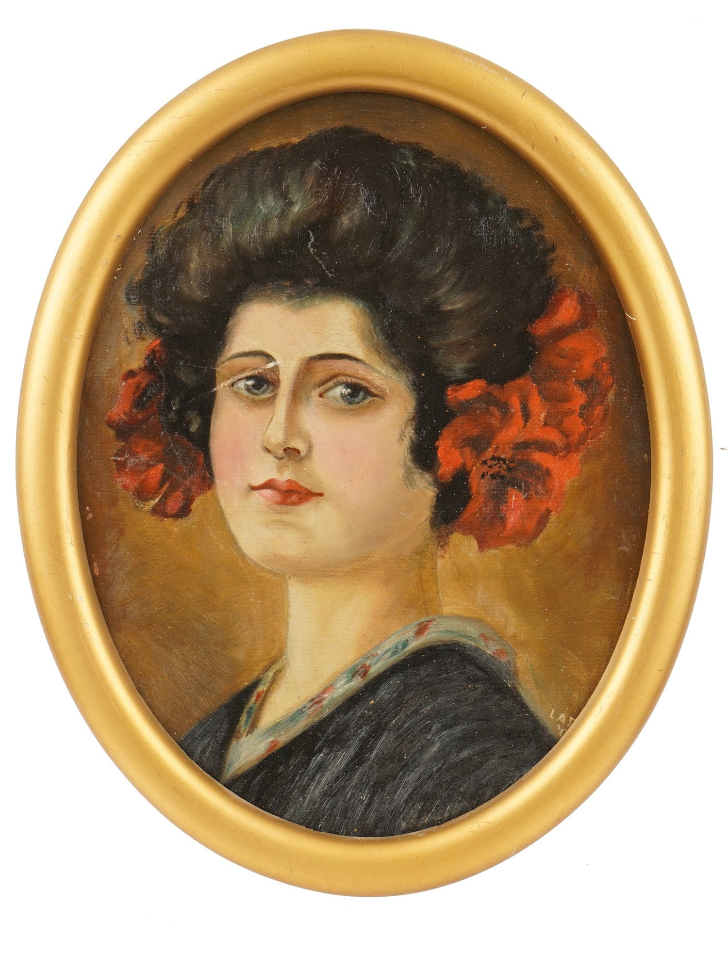 OVAL WOMAN PORTRAIT OIL PAINTING SIGNED: An oil on board painting depicts a young woman in an oval format, characterized by her voluminous dark hair adorned with red floral accents. The subject is rendered with a soft palette against a neutr