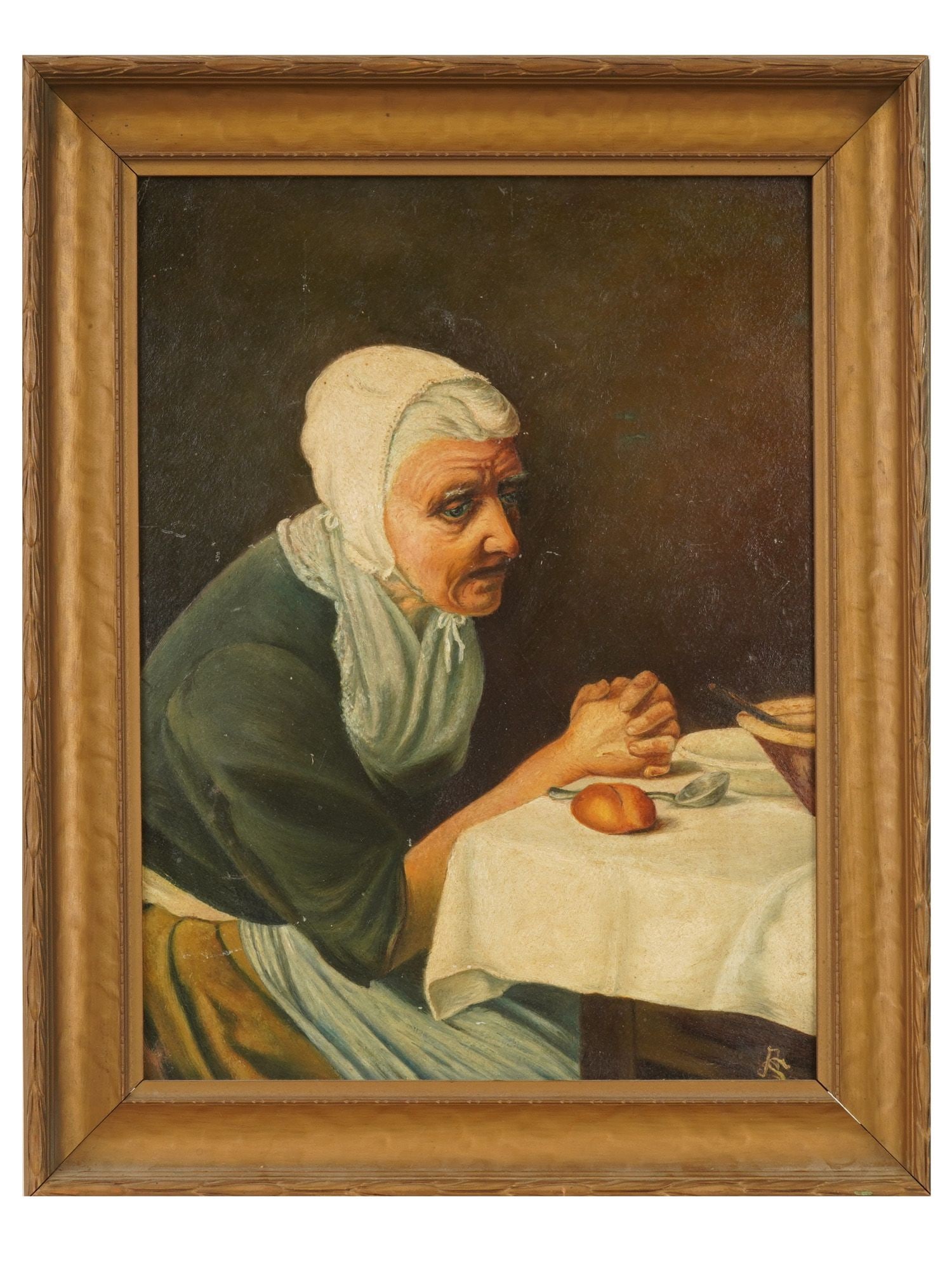 AFTER AUGUST FRIEDRICH SIEGERT PORTRAIT OIL PAINTING: After August Friedrich Siegert, German, 1820 to 1883, oil painting on board. After the artwork titled Die Genugsame, The Frugal. The piece depicts an old woman seated at the dinner table. Signed with 