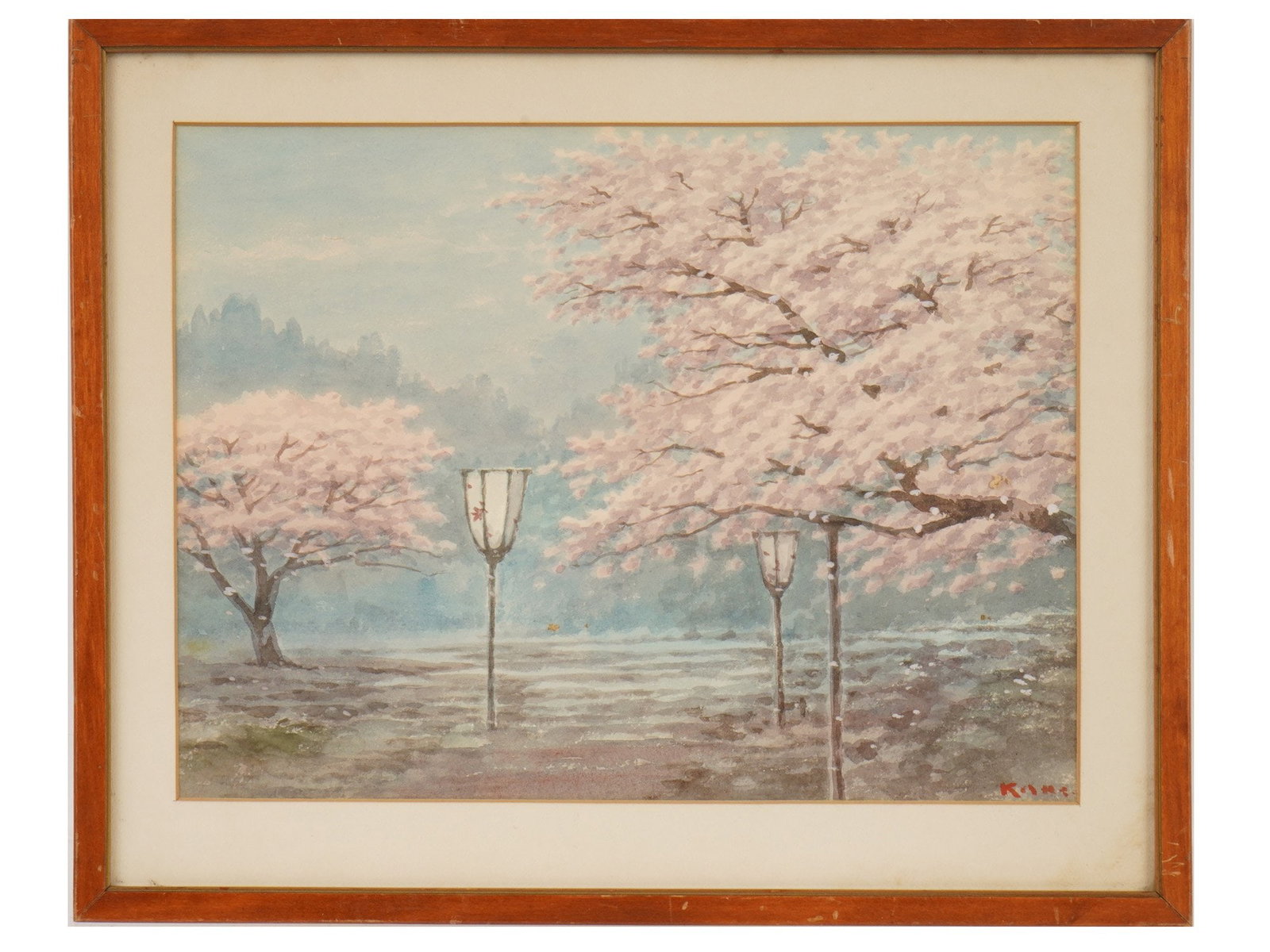 VINTAGE LANDSCAPE WATERCOLOR PAINTING SIGNED: Watercolor painting on paper. Landscape view of a park with blossoming cherry trees. Illegibly signed lower right. Framed. Collectible Fine And Graphic Art, Landscape, Nature, Wall Decor. THIS LOT IS 