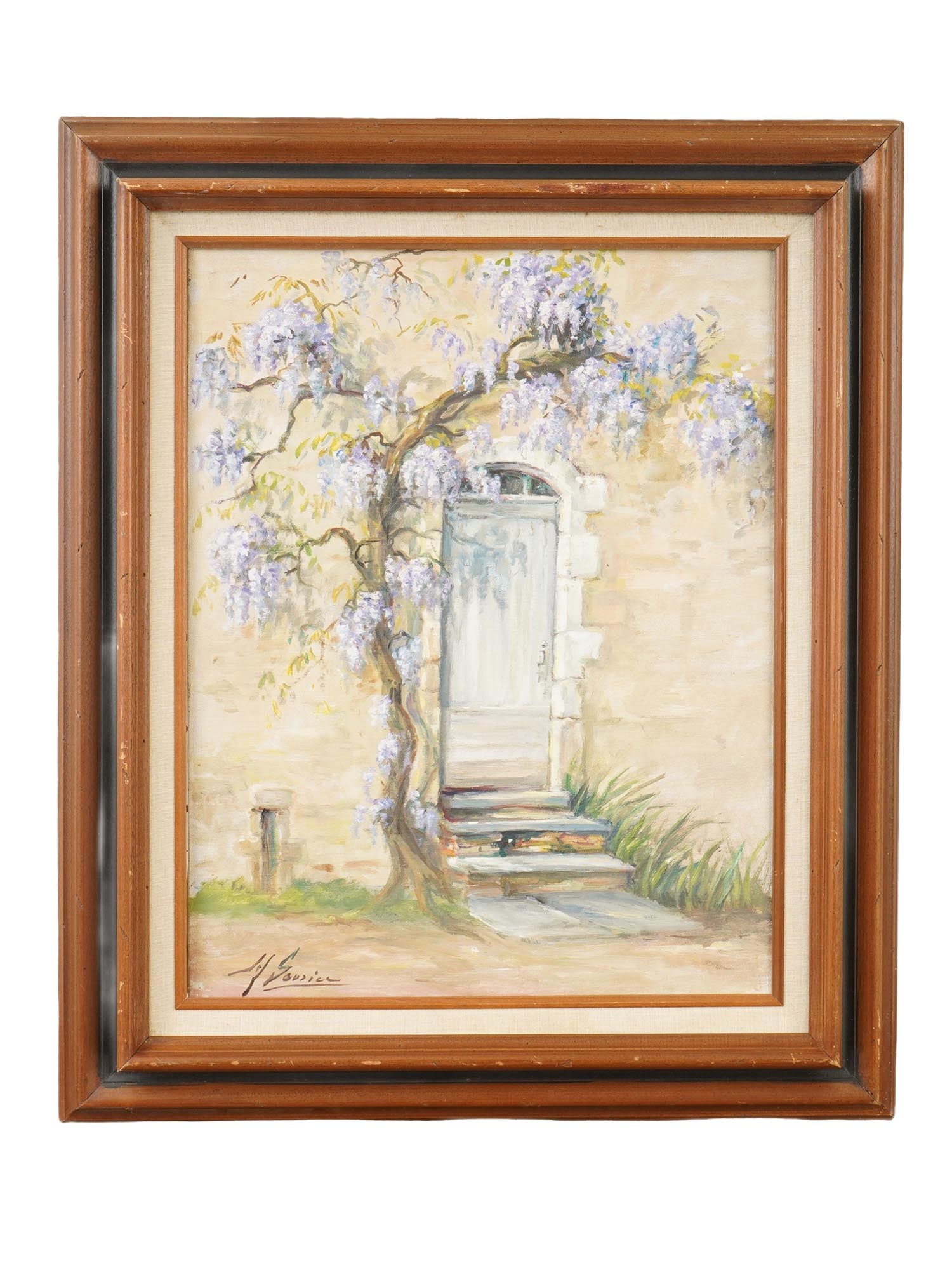 FRENCH OIL PAINTING SIGNED MARIE SOURICE 1963: An oil on canvas painting featuring a rustic stone wall with a wooden door partially framed by blooming purple wisteria vines. Signed M. Sourice, lower left. Framed. Additionally inscribed on the back