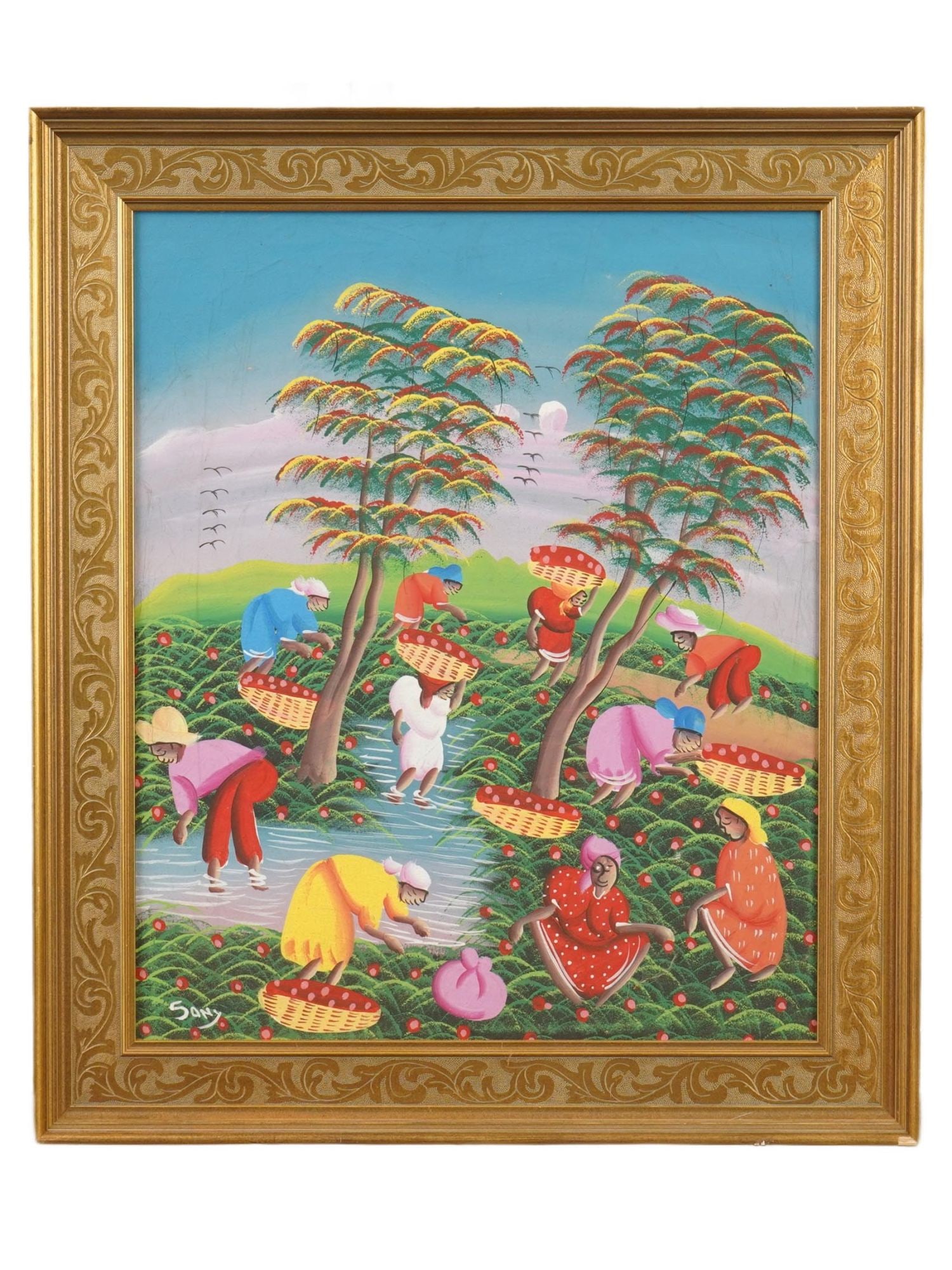 HAITIAN FOLK ART OIL PAINTING SIGNED BY SANY: A Haitian folk art oil painting on canvas signed by Sany. The painting depicts a genre scene with a group of women harvesting crops. The composition exemplifies the vibrant palette and intricate detai