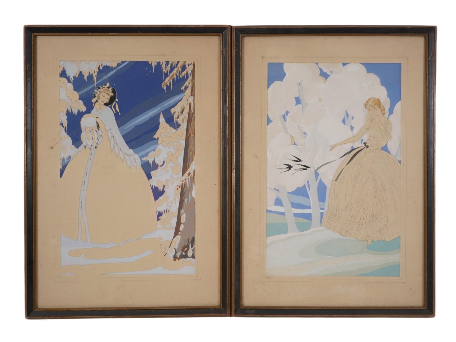 GHERRI MORO TWO ART DECO POCHOIR GOUACHE ILLUSTRATIONS: A lot of two Art Deco pochoir gouache illustrations by the Italian artist Bruno Gherri-Moro 1899 to 1967, likely dating from the 1920s to 1930s. These works were created using the pochoir technique an