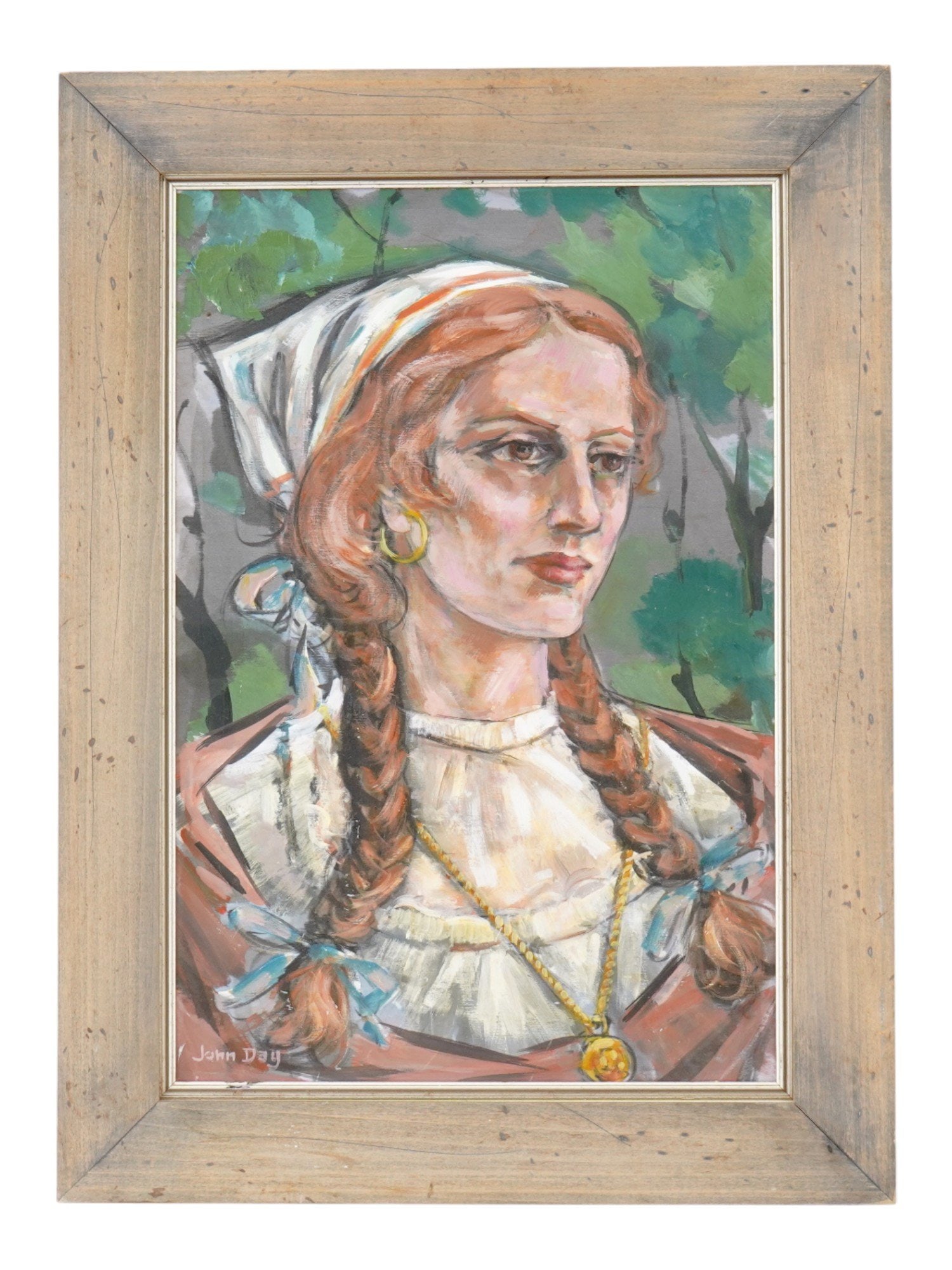 VINTAGE OIL PORTRAIT PAINTING BY JOHN DAY: A vintage oil on board portrait painting by John Day. Circa mid to late 20th century. The painting depicts a portrait of a young red-haired woman wearing a headscarf. Signed by the artist lower left. 