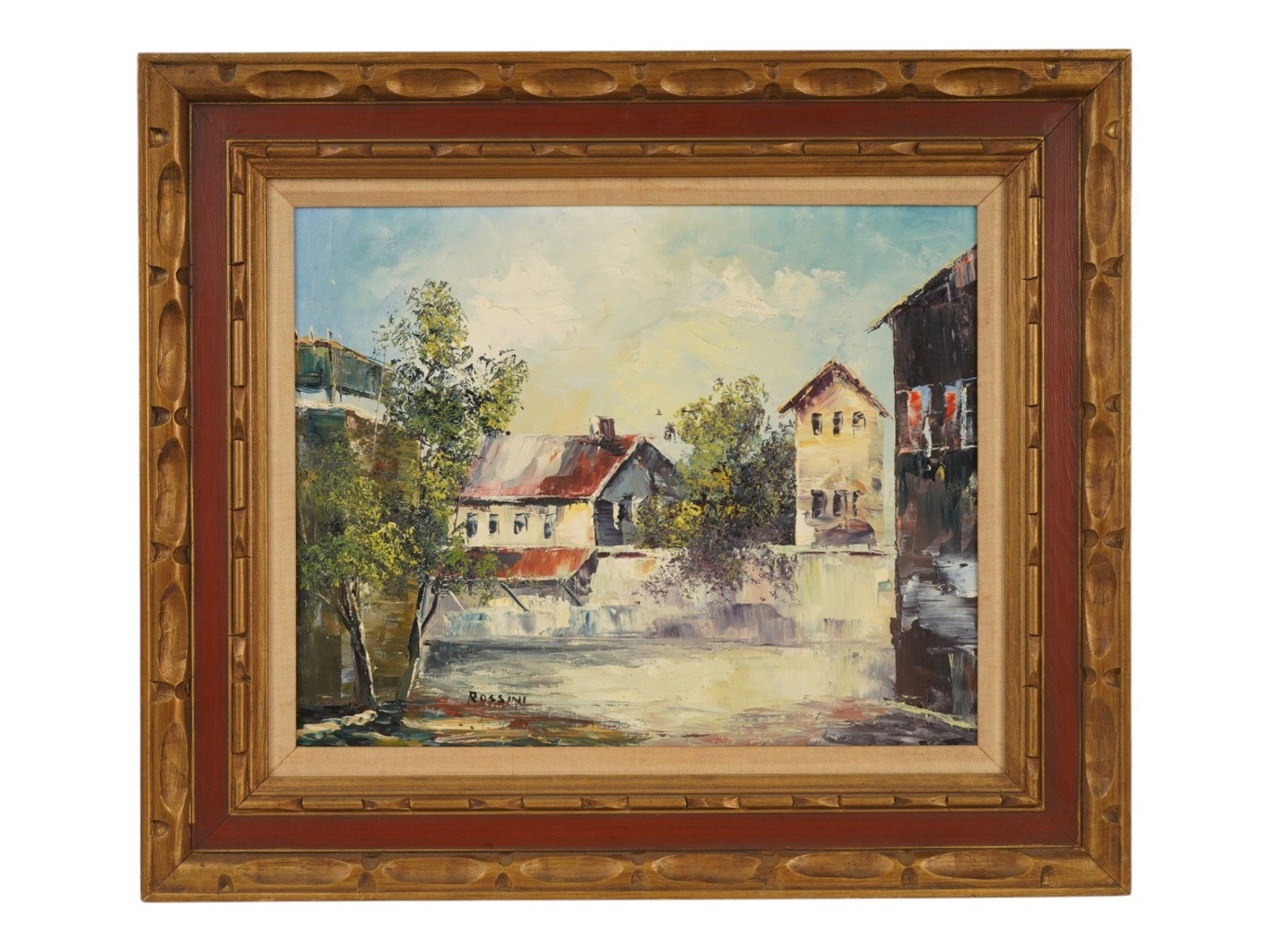 VINTAGE ITALIAN CITYSCAPE OIL PAINTING SIGNED ROSSINI: Oil painting on canvas. Street view of an old Italian town. Executed with the use of palette knife. Signed Rossini lower left. Dated mid to late 20th century. Framed. Collectible Fine Art, Figurative 