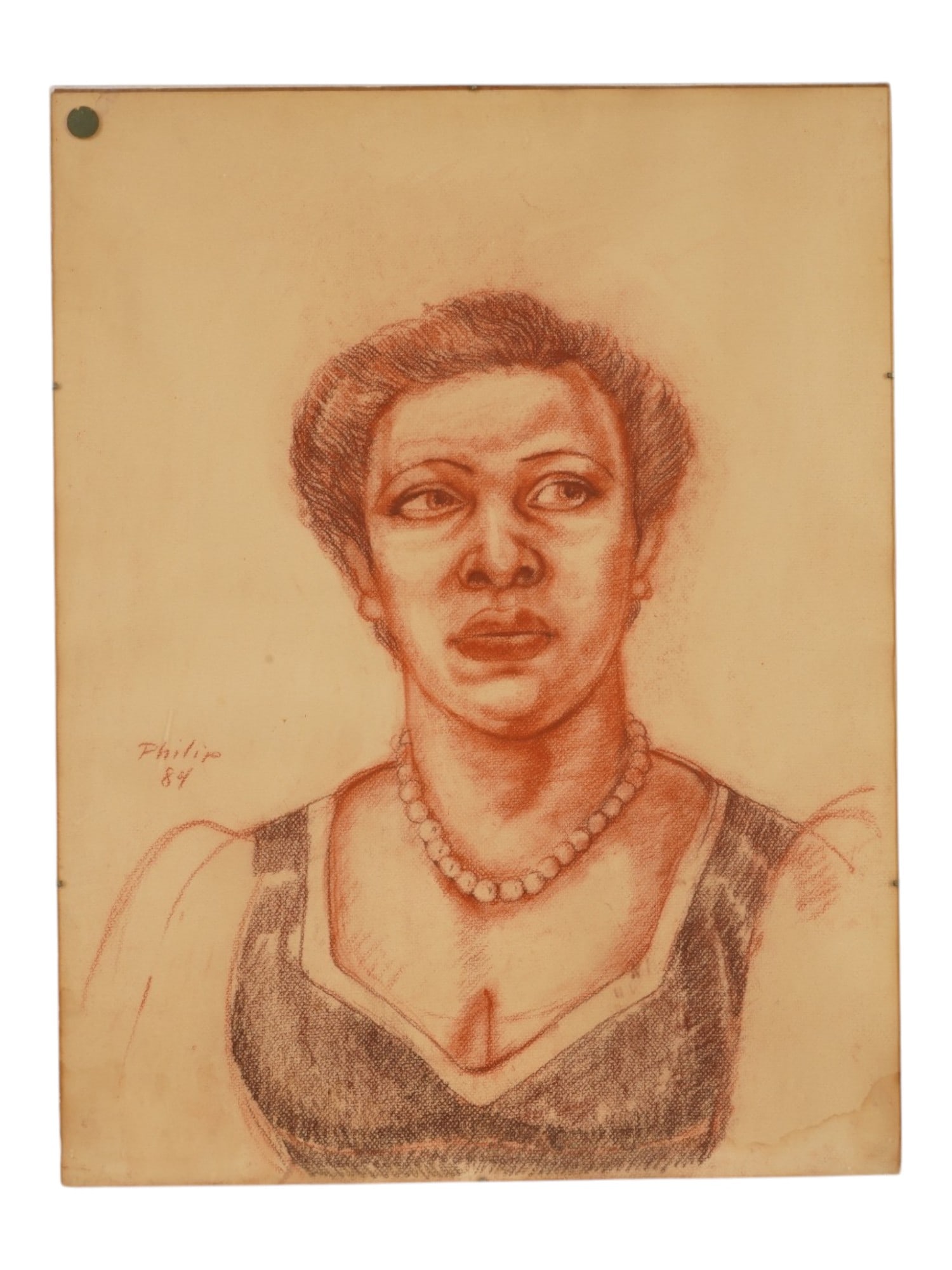 MODERNIST PORTRAIT PASTEL PAINTING SIGNED BY ARTIST: A Modernist pastel painting on paper depicting a portrait of a woman. Signed by the artist, Philip, and dated 84, to the center left. Modernist and Contemporary Fine Art, Female Portrait Paintings, an