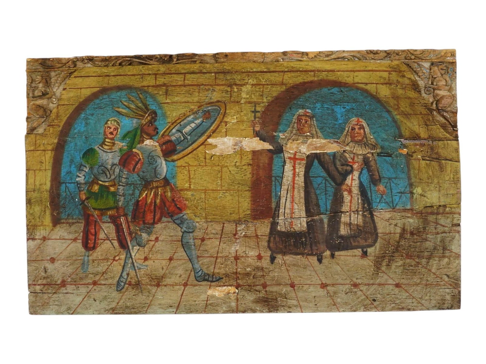 ANTIQUE ITALIAN PROVINCIAL SCHOOL GENRE OIL PAINTING: Oil painting on panel. Italian Provincial school, early 19th century. The artwork depicts two nuns defending themselves against an intruder. The upper part of the panel is garnished with hand-carved d