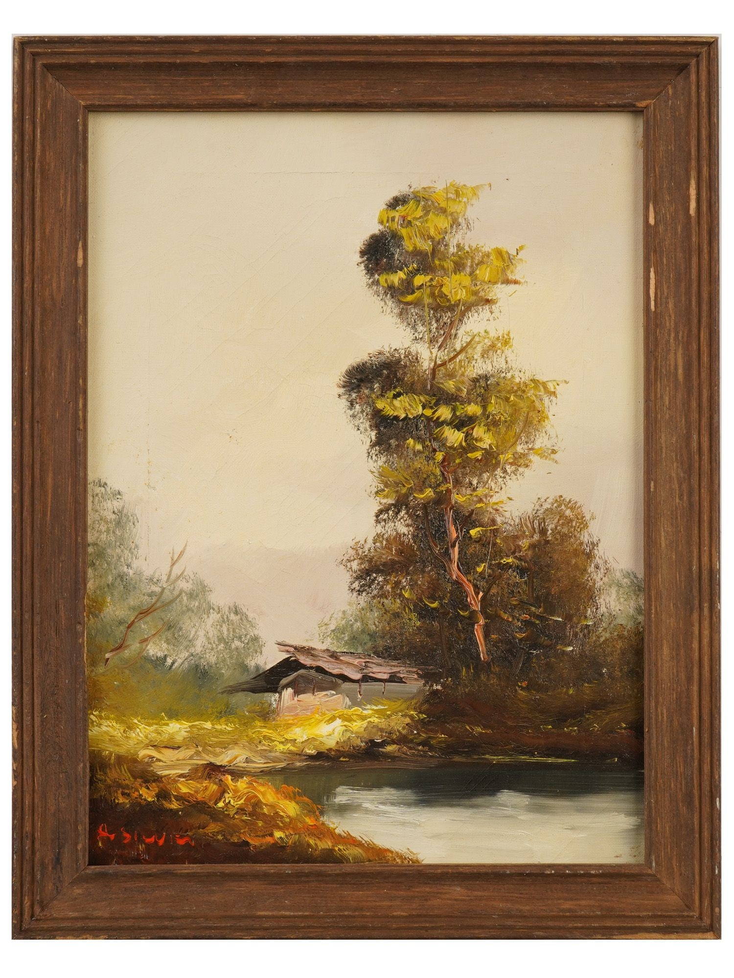 POST IMPRESSIONIST LANDSCAPE OIL PAINTING SIGNED: A Post Impressionist manner oil painting on canvas depicting a rural landscape view with a house. Illegibly signed by the artist, lower left. Framed. Modernist and Contemporary Fine Art, Rural Scene a