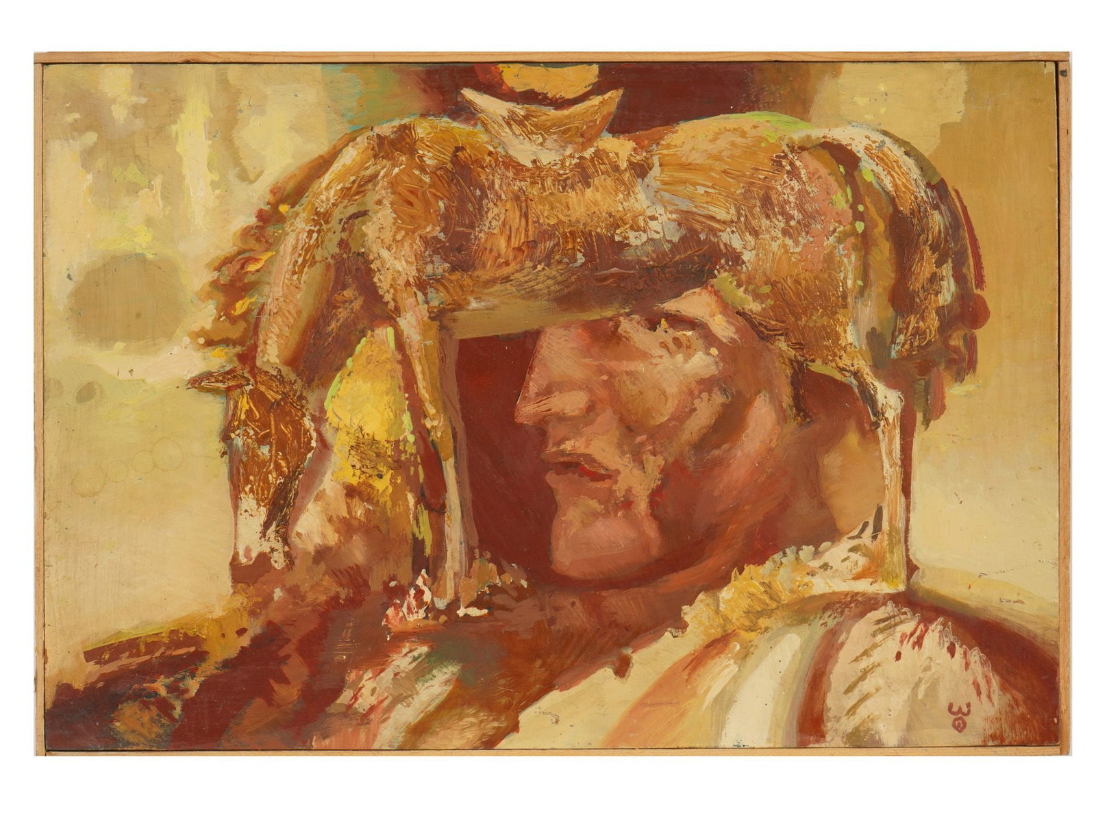 ILYAS ZINATULIN RUSSIAN MALE PORTRAIT OIL PAINTING: Ilyas Zinatulin, Russian, born 1964, oil painting on masonite. The artwork represents a profile male portrait and a horse. Muted ochre and brown color palette. Titled Someone Else s Topic. Dated 2000.