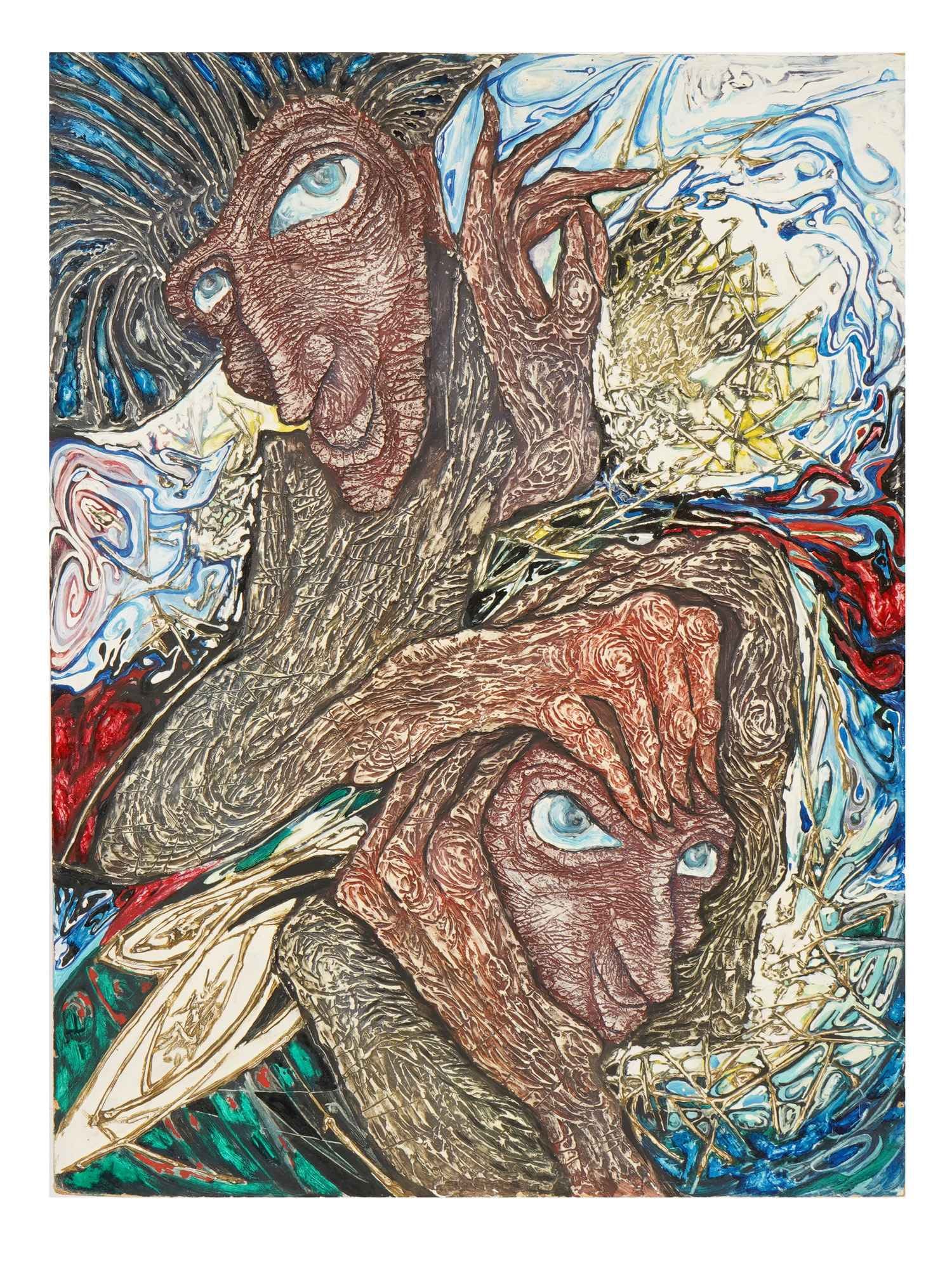 VTG RUSSIAN MIX MEDIA ARTWORK BY USATOV S 1999: A vintage Russian mixed media on masonite artwork painting. Signed Usatov S. titled Flight Director, and dated 1999 on the back side. The artwork depicts a complex surreal composition with tree-like c