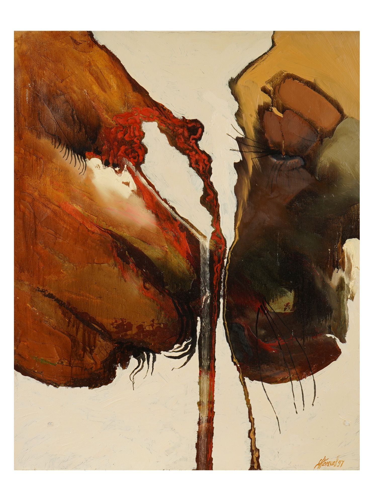 VINTAGE RUSSIAN OIL PAINTING BY SERGEY POLYAKOV: A vintage Russian oil on canvas painting by Sergey Polyakov, born 1956, titled Faces, 1997. The artwork features a palette of ochre, burnt sienna, and deep umber against a neutral cream ground. The wo