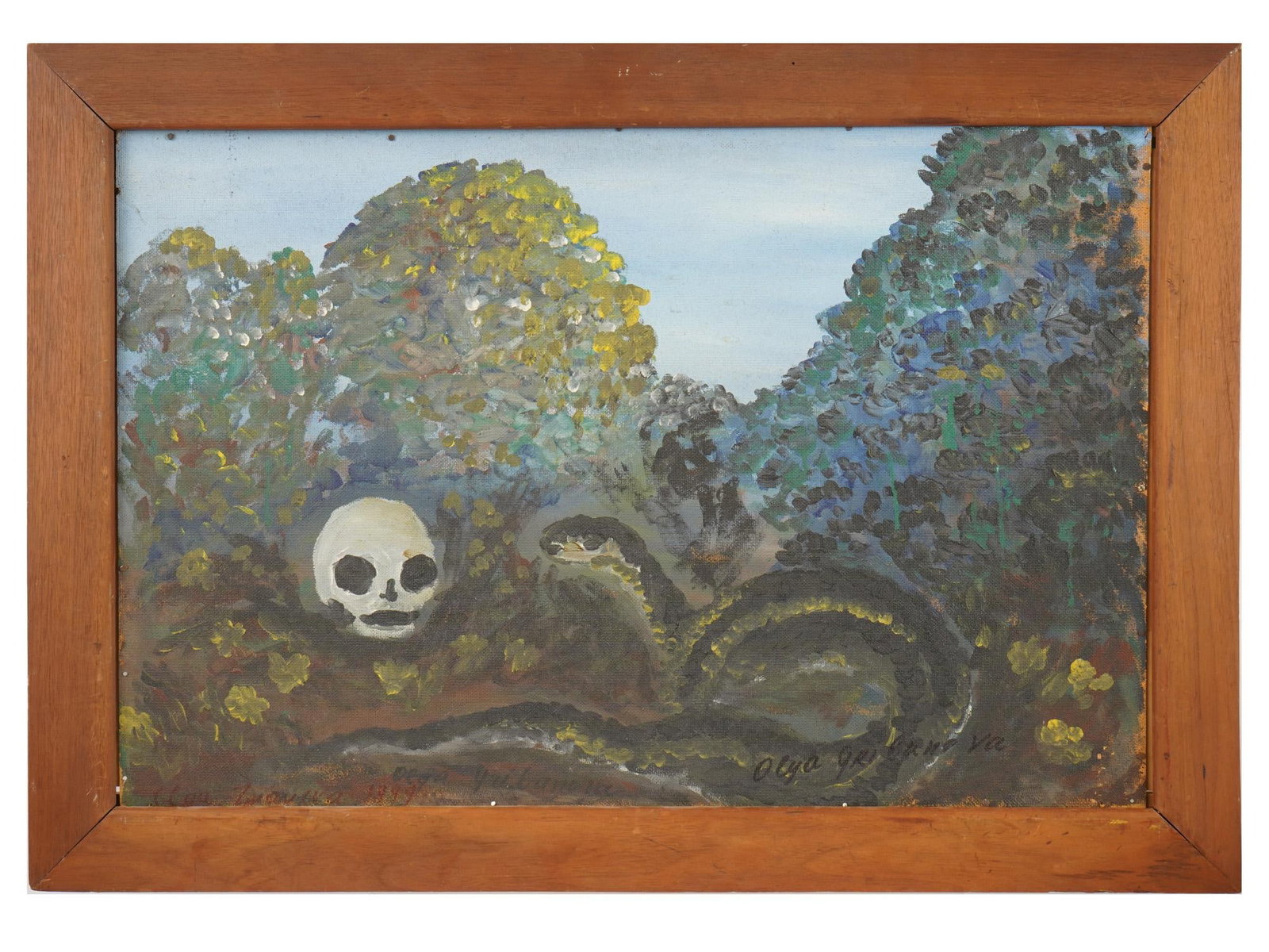 MODERN RUSSIAN OIL PAINTING BY OLYA GRIBANOVA ETERNITY: A modern oil painting on masonite by Olya Gribanova, Russian, born 1945, titled Eternity on verso. The composition presents a mystical forest scene, where a skull rests among dense foliage while a coi