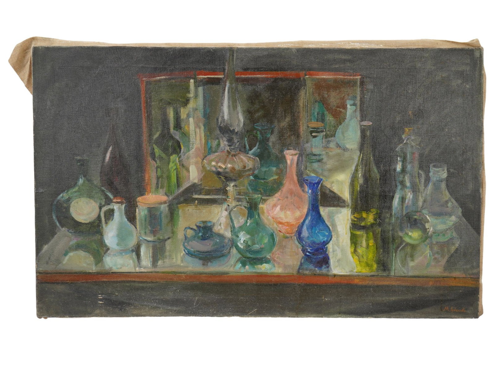 MODERN RUSSIAN OIL PAINTING BY MARINA RUBANOVA: A modern oil painting by Marina Rubanova titled The Reflection, 2000, depicting a still life with empty vases. Signed lower right. Inscribed on verso. Marina Rubanova, Russian, born 1965, is an artist