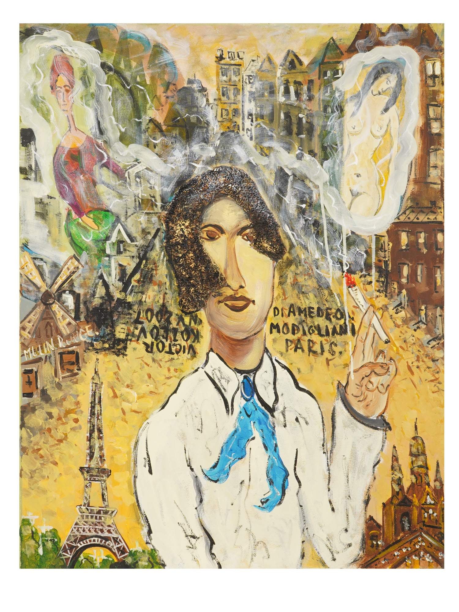 MODERN RUSSIAN PAINTING BY VICTOR KOZLOV MODIGLIANI: A modern mixed media painting on canvas by Victor Kozlov, Russian, born 1957, titled Modigliani in Paris 1, created in New York in 2007. Inscribed on verso. Contemporary Paintings And Art Collectibles