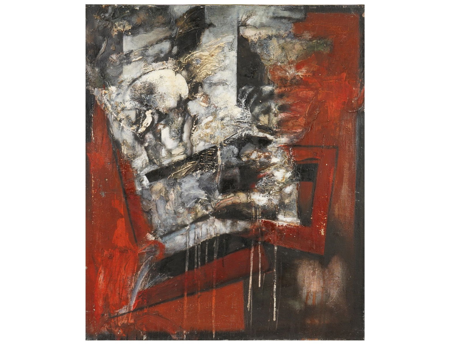 RUSSIAN OIL ON CANVAS PAINTING BY DMITRY YANOVSKY: A Russian oil on canvas painting by Dmitry Yanovsky, born in 1967. Signed and inscribed on the back with the title Shelter, series Anonymous Mechanisms, and the date 2001. The painting is the right ha