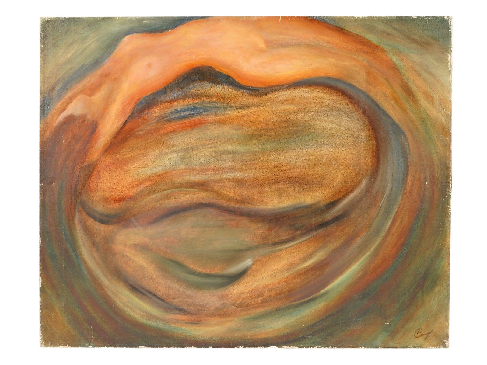 VYACHESLAV SEMILETOV RUSSIAN ABSTRACT OIL PAINTING: Vyacheslav Semiletov, Russian, an oil on canvas painting featuring an abstract composition, titled The Birth of The Origin of Shaping, dated 1984. The work features fluid, biomorphic forms rendered in