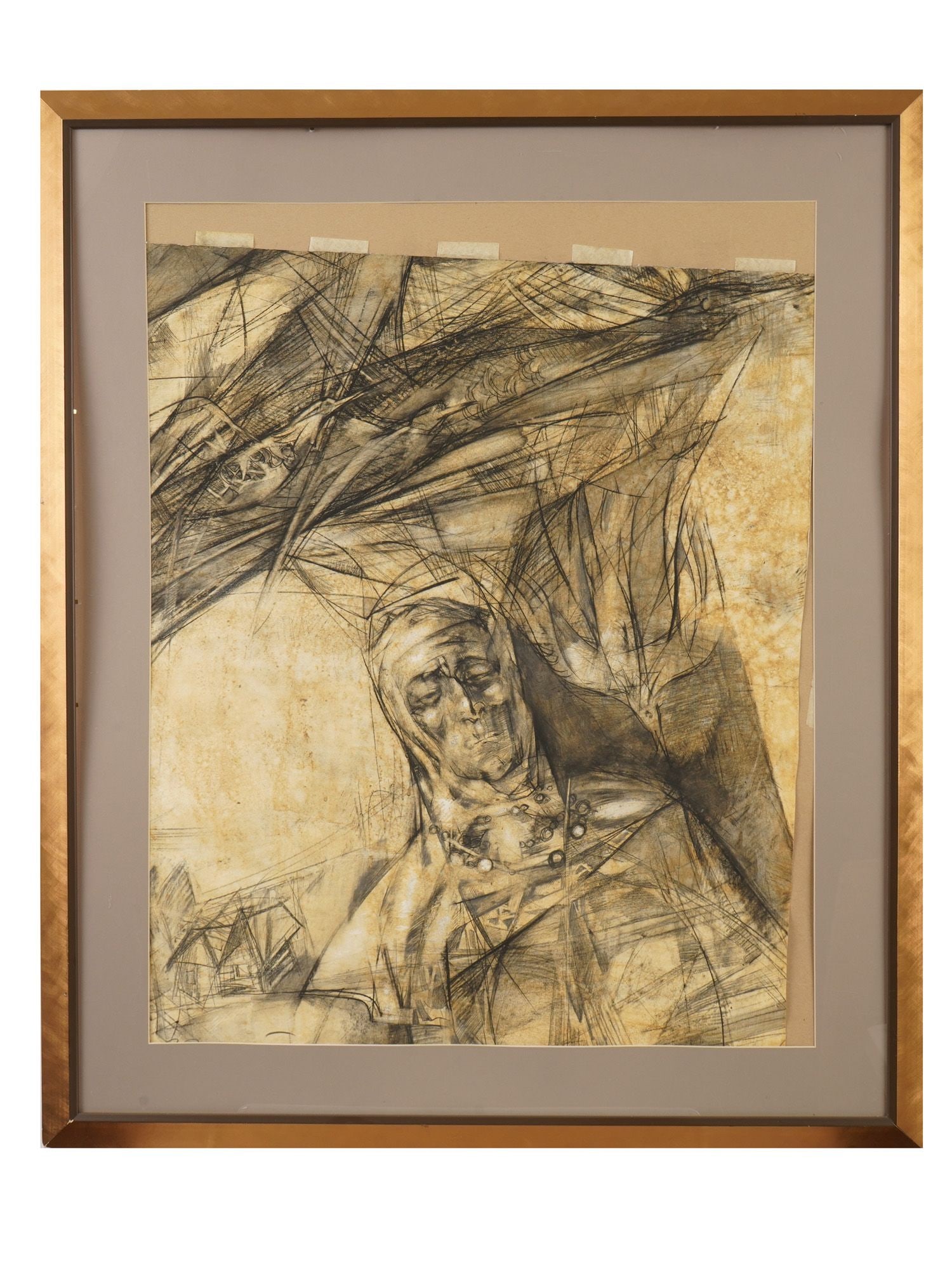 RUSSIAN MIX MEDIA PAINTING BY VITALIY GERASIMOV 1989: A vintage Russian mixed media on paper painting by Vitaliy Gerasimov titled Crystallization of Space, 1989. The painting depicts a complex monochrome composition with a sleeping male figure at the cen