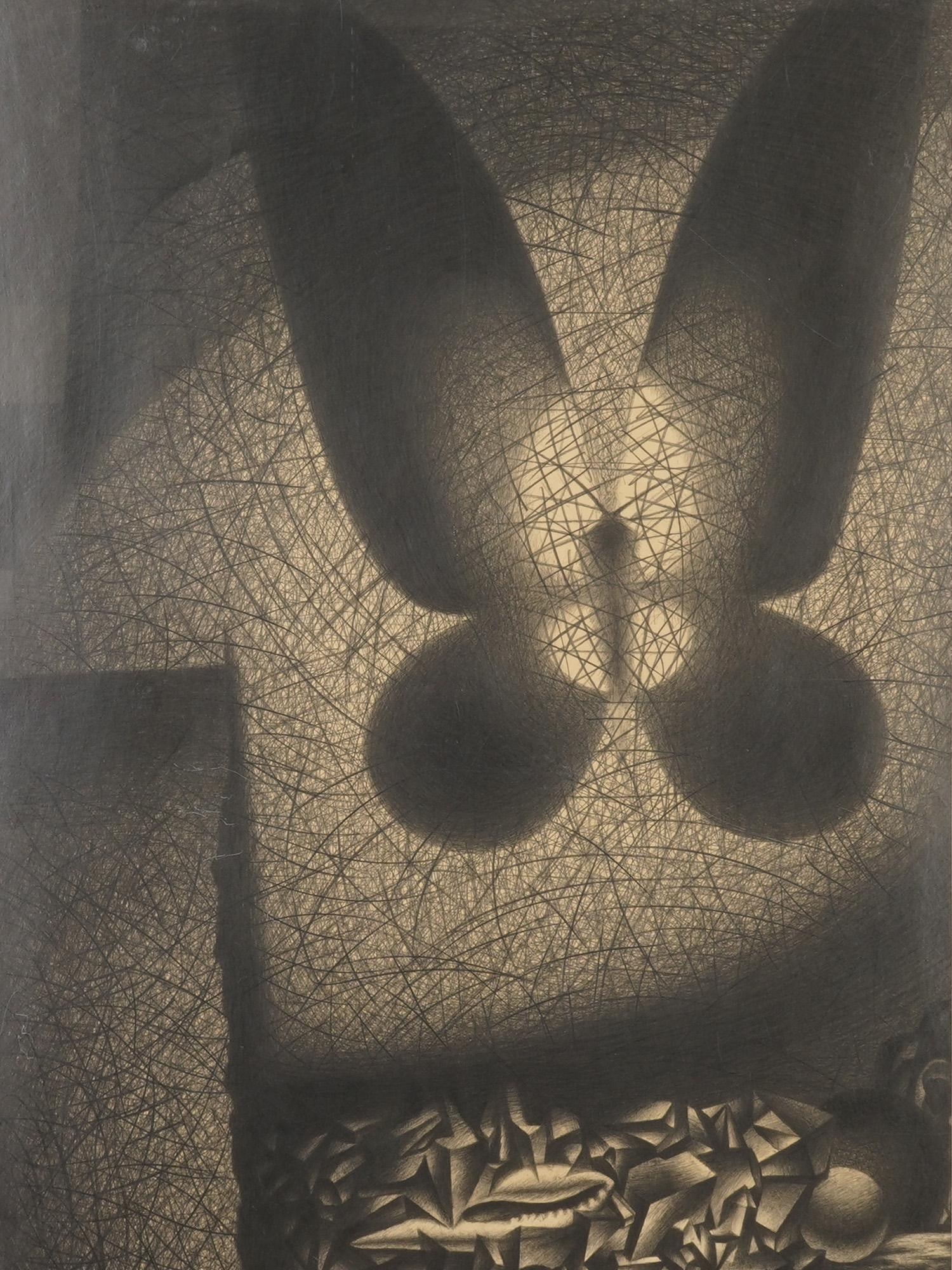 MODERN PAINTING VLADIMIR MIKHAILOV BUTTERFLY 2001: A modern mixed-media painting on paper, featuring a dramatic butterfly or moth suspended above a crystalline geometric formation. Inscribed Vladimir Mikhailov and titled Butterfly, 2001 on verso. Mode