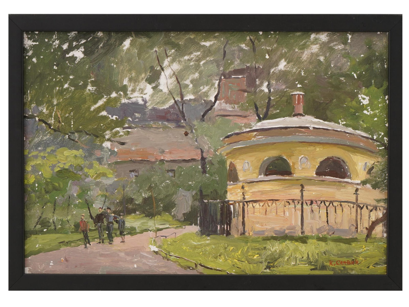 KIM SLAVIN RUSSIAN SOVIET LANDSCAPE OIL PAINTING: Oil on board painting by Kim Slavin, 1928 to 1991, a Russian Soviet era artist based in Leningrad. The artwork depicts a park scene. Signed by the artist in the lower right. Impressionist pictorial ma