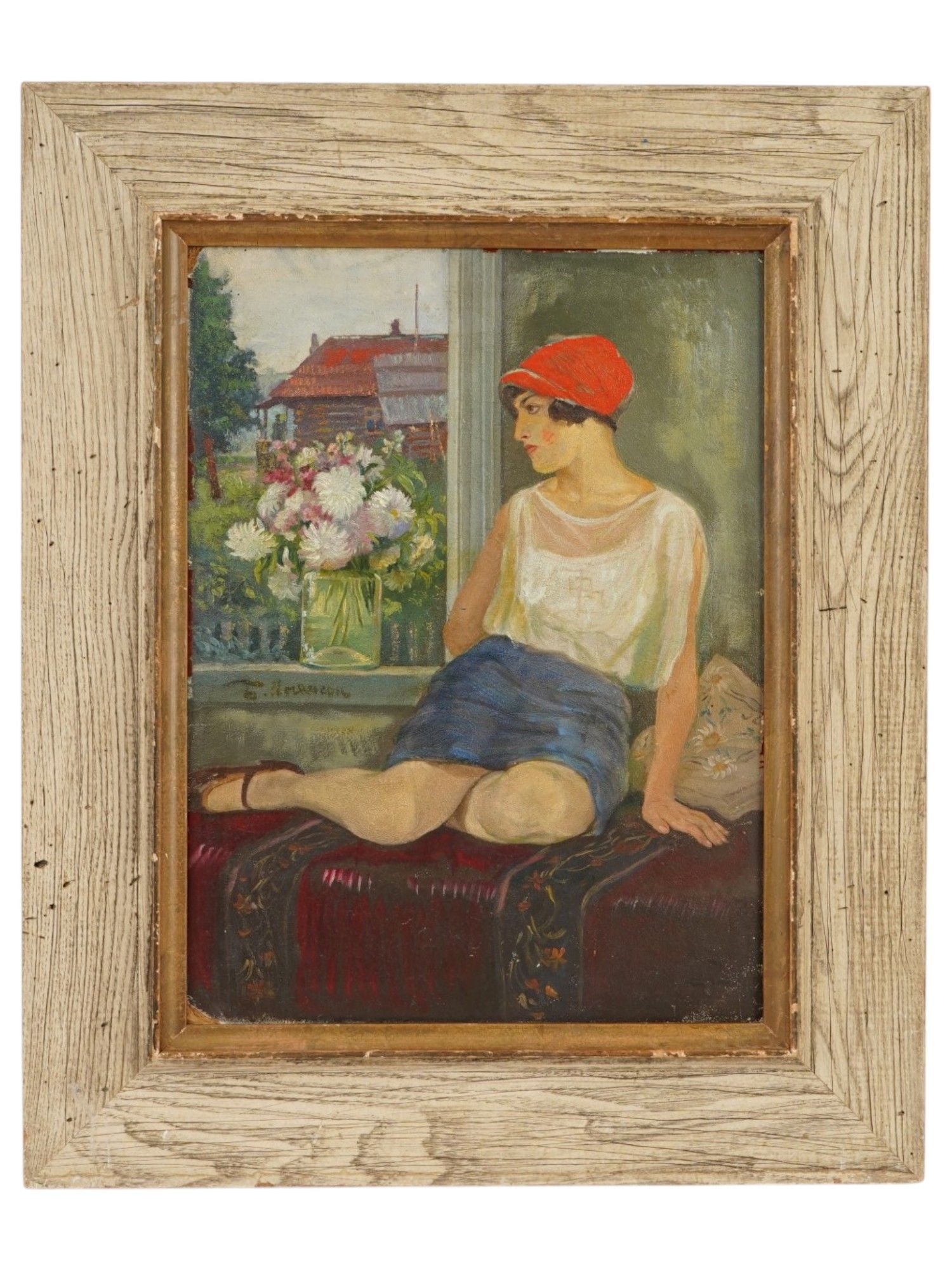 RUSSIAN SOVIET BORIS IOGANSON PORTRAIT OIL PAINTING: A vintage Russian Soviet oil on board painting by Boris Vladimirovich Ioganson, 1893 to 1973. The painting depicts a young woman wearing a red hat sitting by the window. Framed. Boris Vladimirovich Io