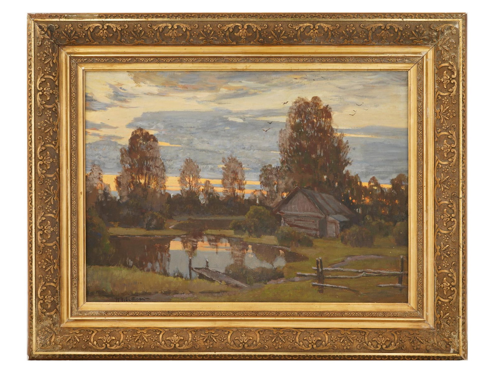 ATTR TO ISAAC LEVITAN RUSSIAN LANDSCAPE OIL PAINTING: An antique Russian oil on canvas landscape painting attributed to Isaac Levitan, Russian, 1860 to 1900. The artwork depicts a rural landscape with a house. Signed in Russian lower left. Framed. Isaak 