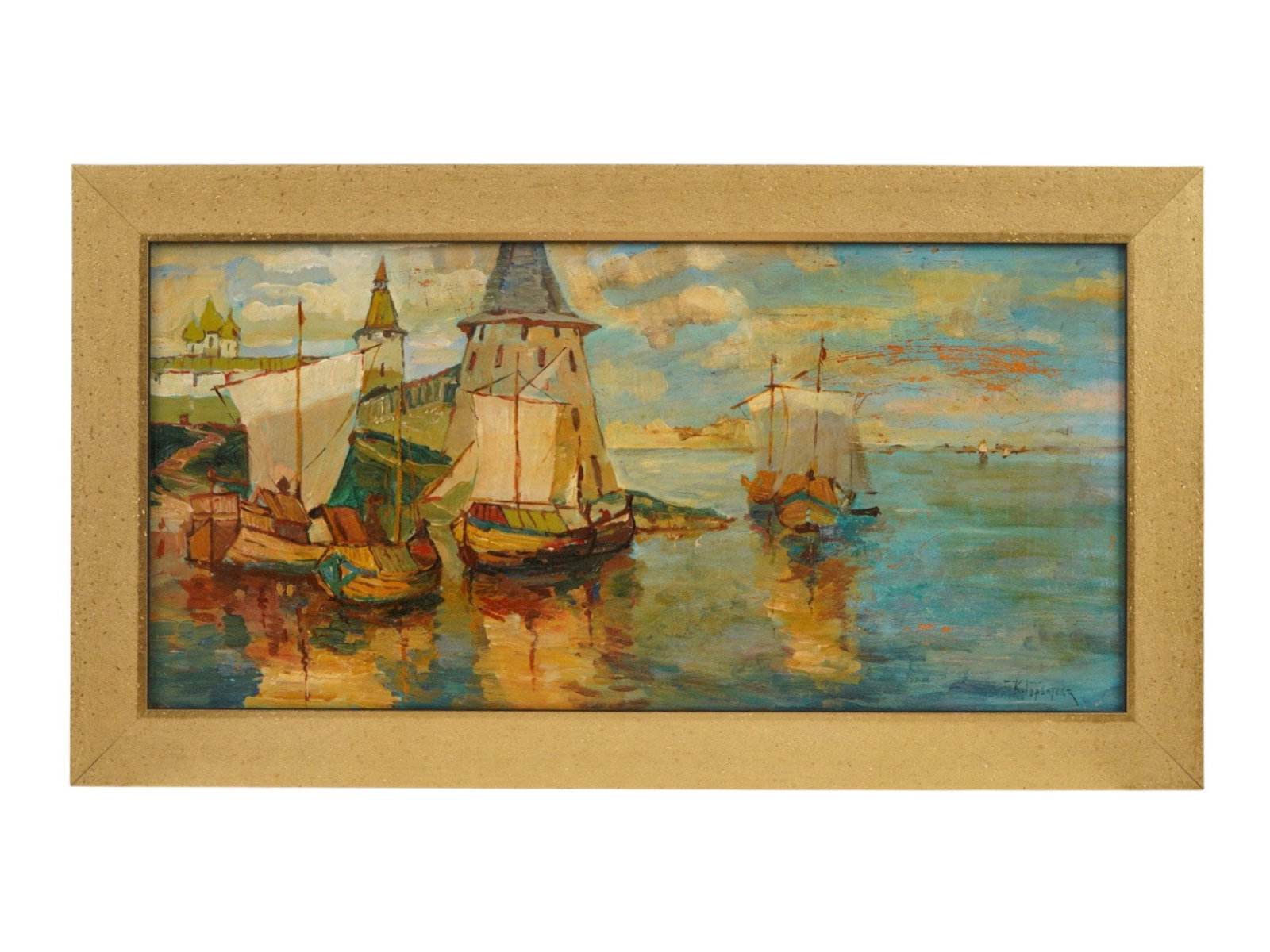 RUSSIAN OIL PAINTING SIGNED KONSTANTIN GORBATOV: An oil painting on board signed K. Gorbatov for Konstantin Ivanovich Gorbatov, Russian, 1876 to 1945, the post-impressionist artist renowned for his luminous maritime views and historic townscapes. Th