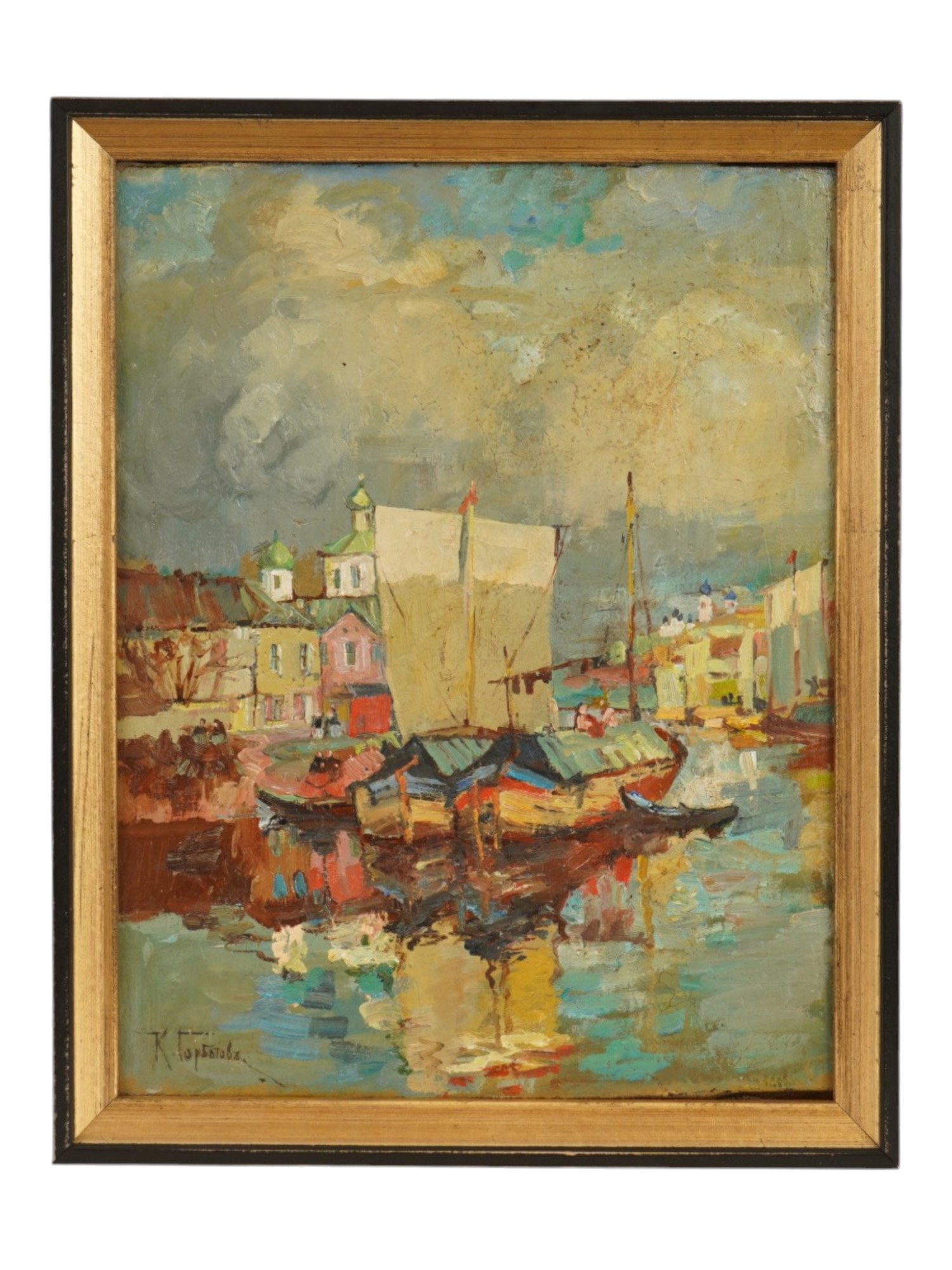 RUSSIAN OIL PAINTING SIGNED KONSTANTIN GORBATOV: An oil painting on board signed K. Gorbatov for Konstantin Ivanovich Gorbatov, Russian, 1876 to 1945, the post-impressionist artist renowned for his luminous maritime views and historic townscapes. Th