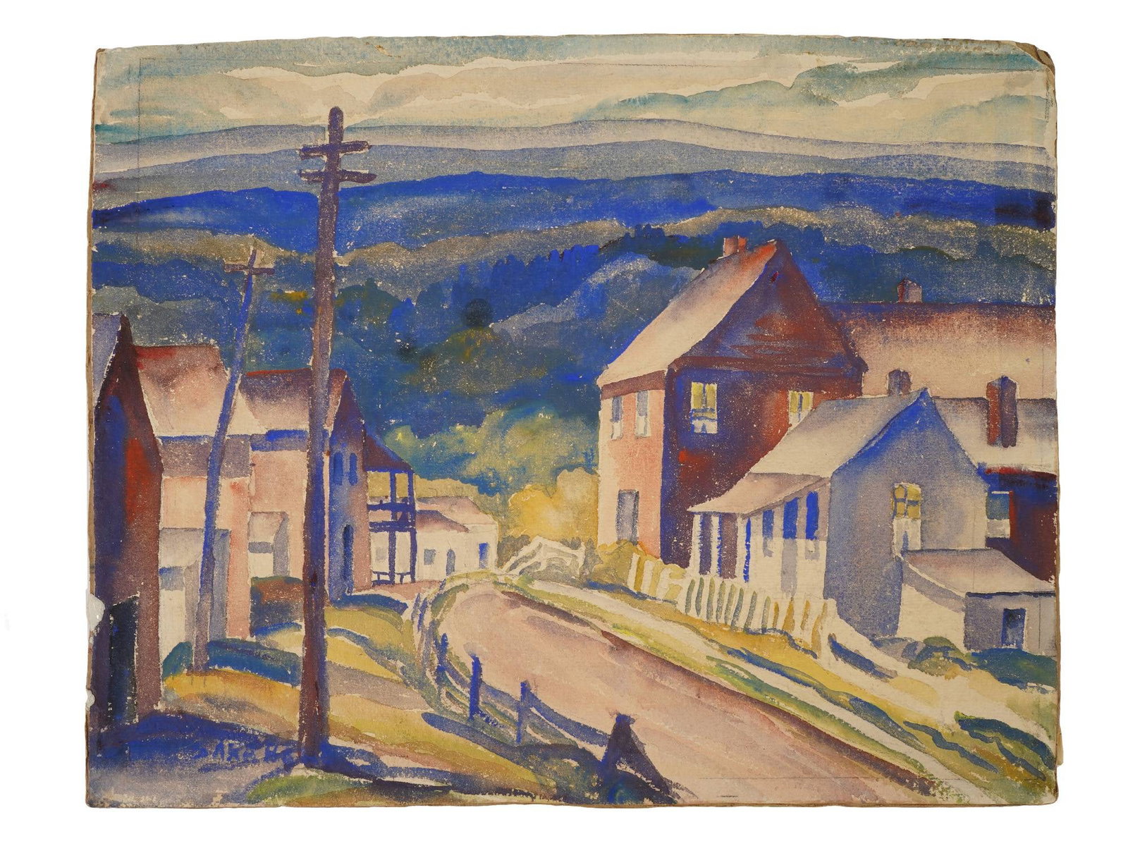 MID CENTURY LANDSCAPE WATERCOLOR PAINTING SIGNED: Watercolor painting on cardboard. Presumably of European origin, mid-20th century. The artwork depicts a panoramic view of a valley town. Vivid cobalt blue shadow color. Illegibly signed lower left. U