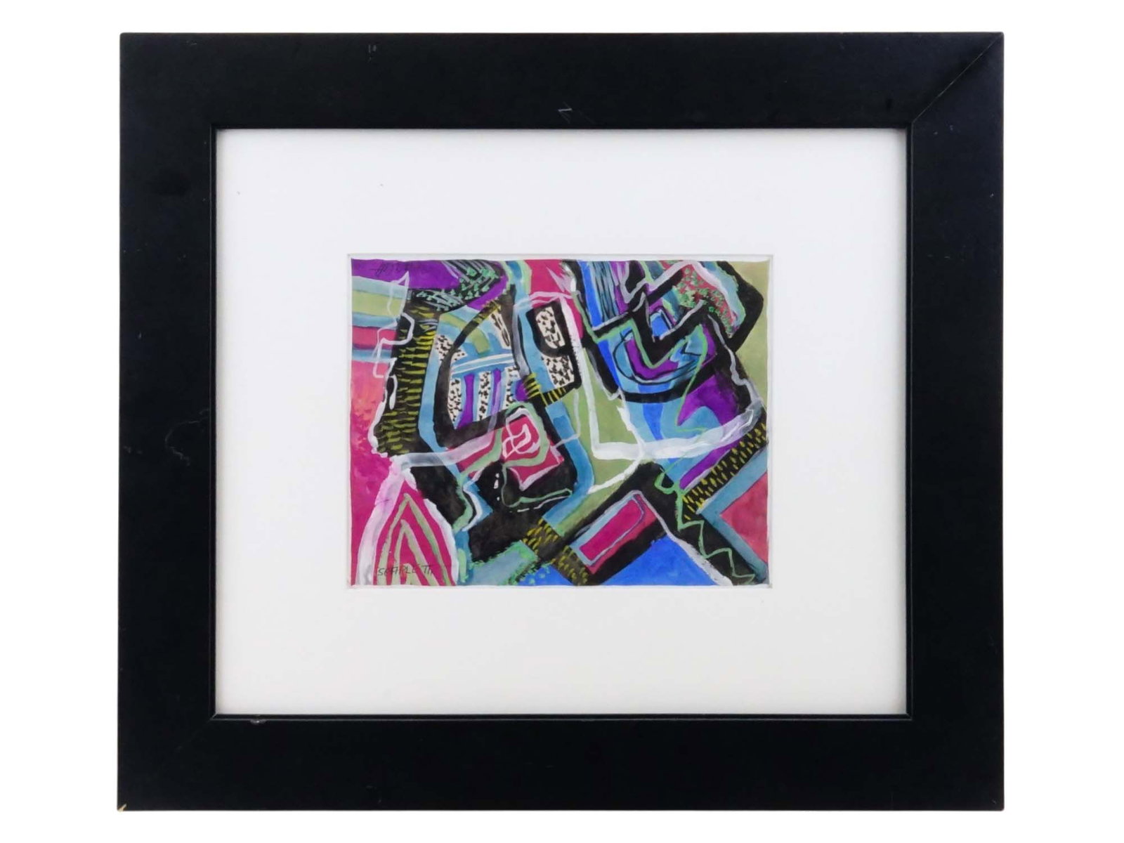AMERICAN ABSTRACT MIXED MEDIA PAINTING: Mixed media painting on paper, Abstract geometrical composition. Drip technique, use of brush handle. Signed in the upper and lower left. Undated. Matted and framed. Collectible Contemporary Fine Art,