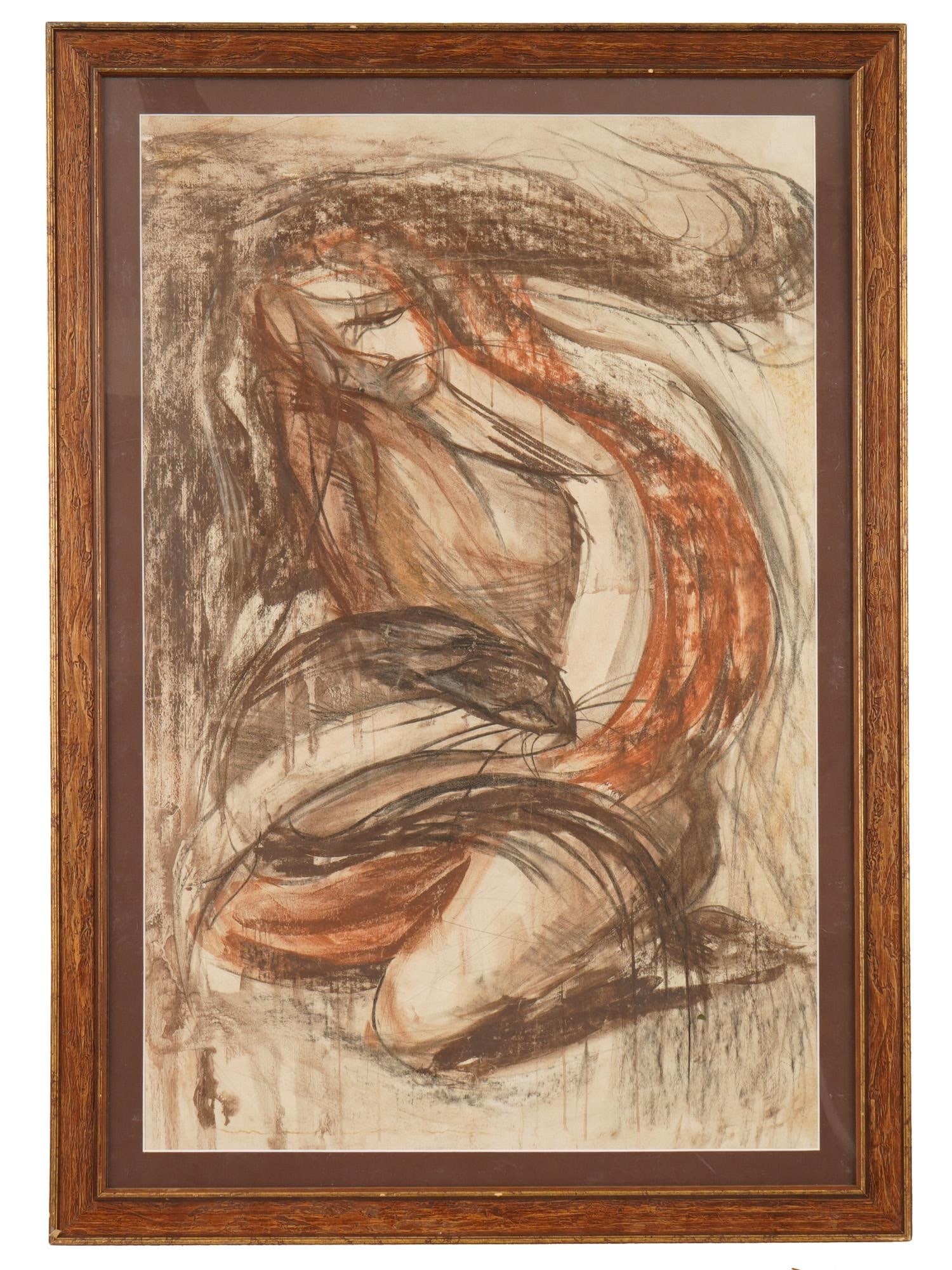 OLGA NAZARKINA UKRANIAN SELF PORTRAIT PAINTING: Olga Nazarkina, Ukranian, born 1981, gouache painting on paper. The artwork depicts a stylized seated nude female figure. Titled Self-Portrait. Dated 2000. Signed on the backside. Framed. Olga Nazarki