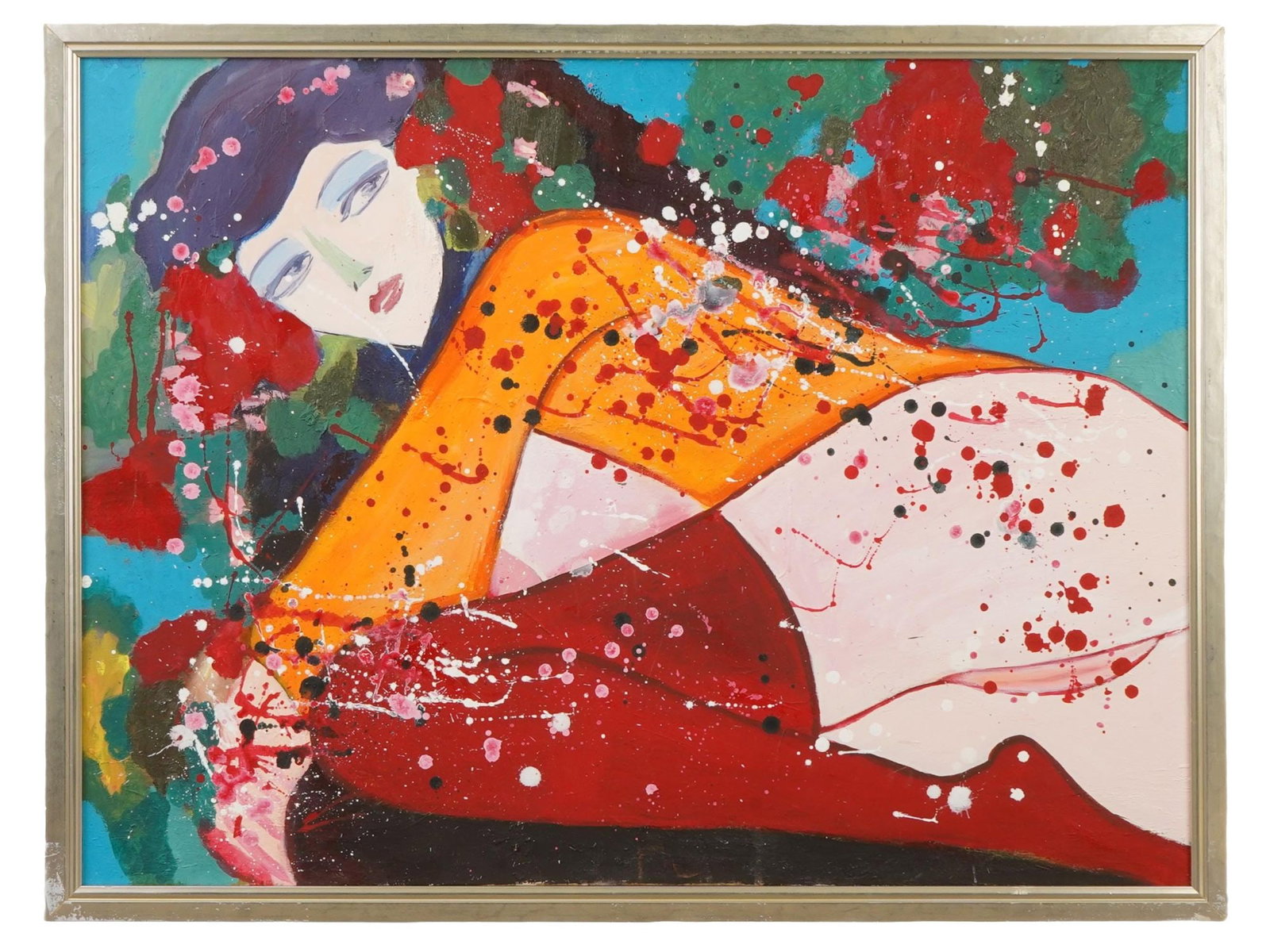 AFTER WALASSE TING CHINESE PAINTING RECLINING FEMALE: After Walasse Ting, Chinese, 1929 to 2010, an oil painting on canvas depicting a reclining female figure. Inscribed on verso Love Me, signed and dated 1987. Ting was a prominent figure in postwar mode