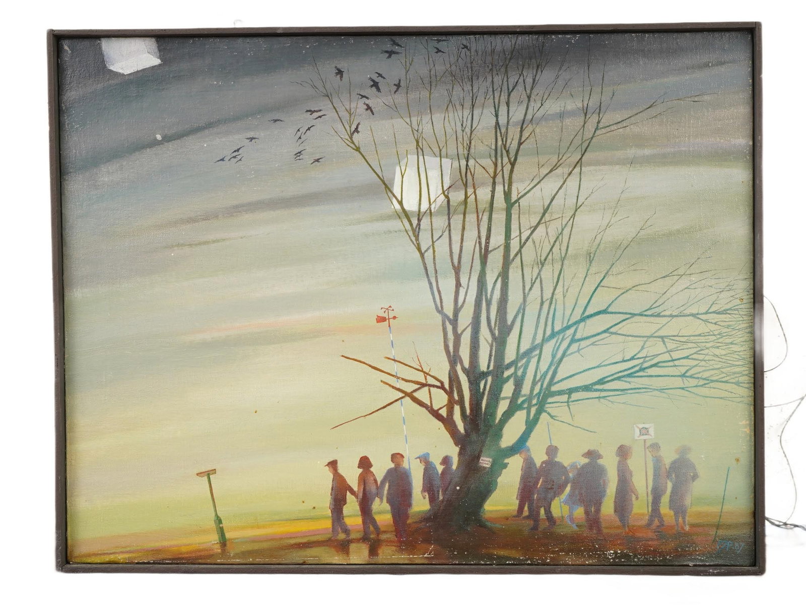 POLISH AMERICAN SCENE OIL PAINTING BY JAN PAWLOWSKI: Jan Pawlowski, Polish, American, born 1949, an oil painting on canvas depicting a genre scene in a landscape, 1987. Signed with initials and dated 87, lower right. Framed. Additionally signed, dated 1