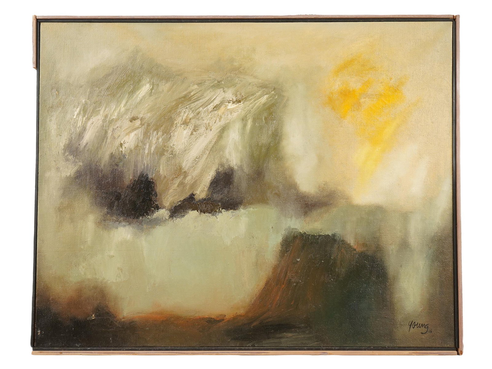 SIGNED H YOUNG AMERICAN OIL ABSTRACT PAINTING: A vintage American oil on canvas abstract painting. Signed H. Young and dated 1968 lower right. On the back is a paper Nonmembers Ticket from the annual exhibition at the National Academy Galleries in