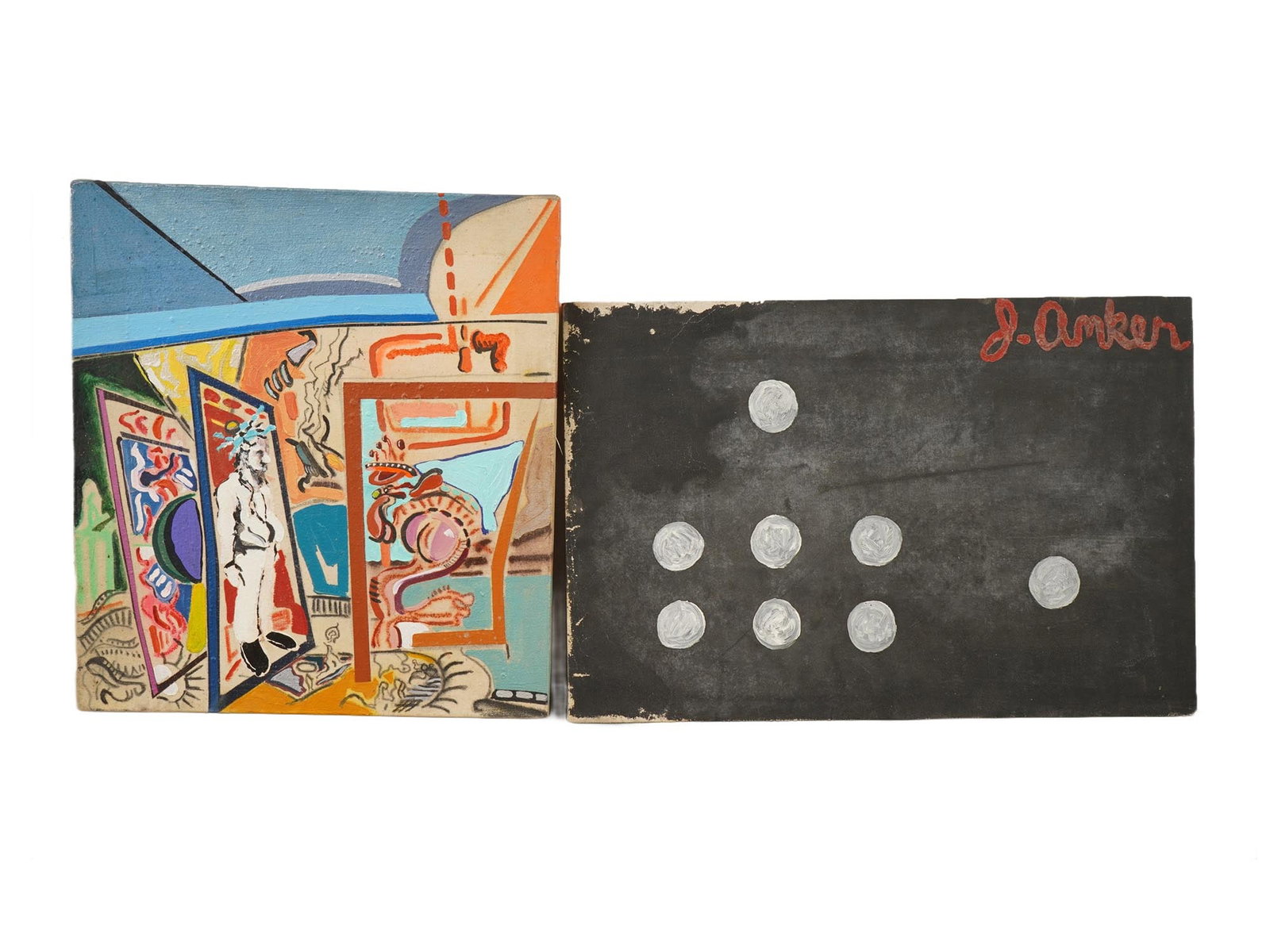 ABSTRACT OIL PAINTINGS BY RANDALL SCHMIT AND J ANKER: A lot of two abstract oil on canvas paintings. The first painting is a vibrant, multi-layered composition that blends elements of neo-expressionism and surrealism made by Randall Schmit. The use of bo
