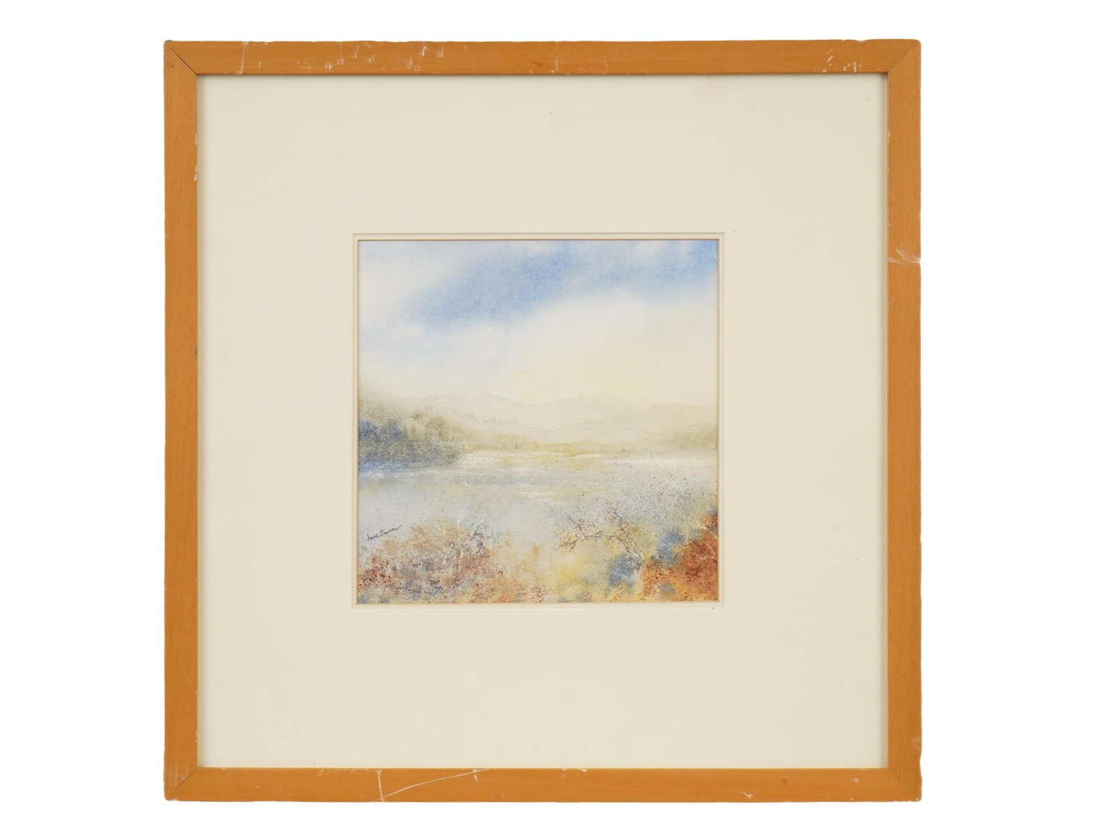 POST IMPRESSIONIST WATERCOLOR PAINTING SIGNED: A Modernist watercolor painting on paper depicting a mountain river landscape in the Post Impressionist manner. Signed by the artist, lower left. Framed. Modernist and Contemporary Fine Art, Impressio