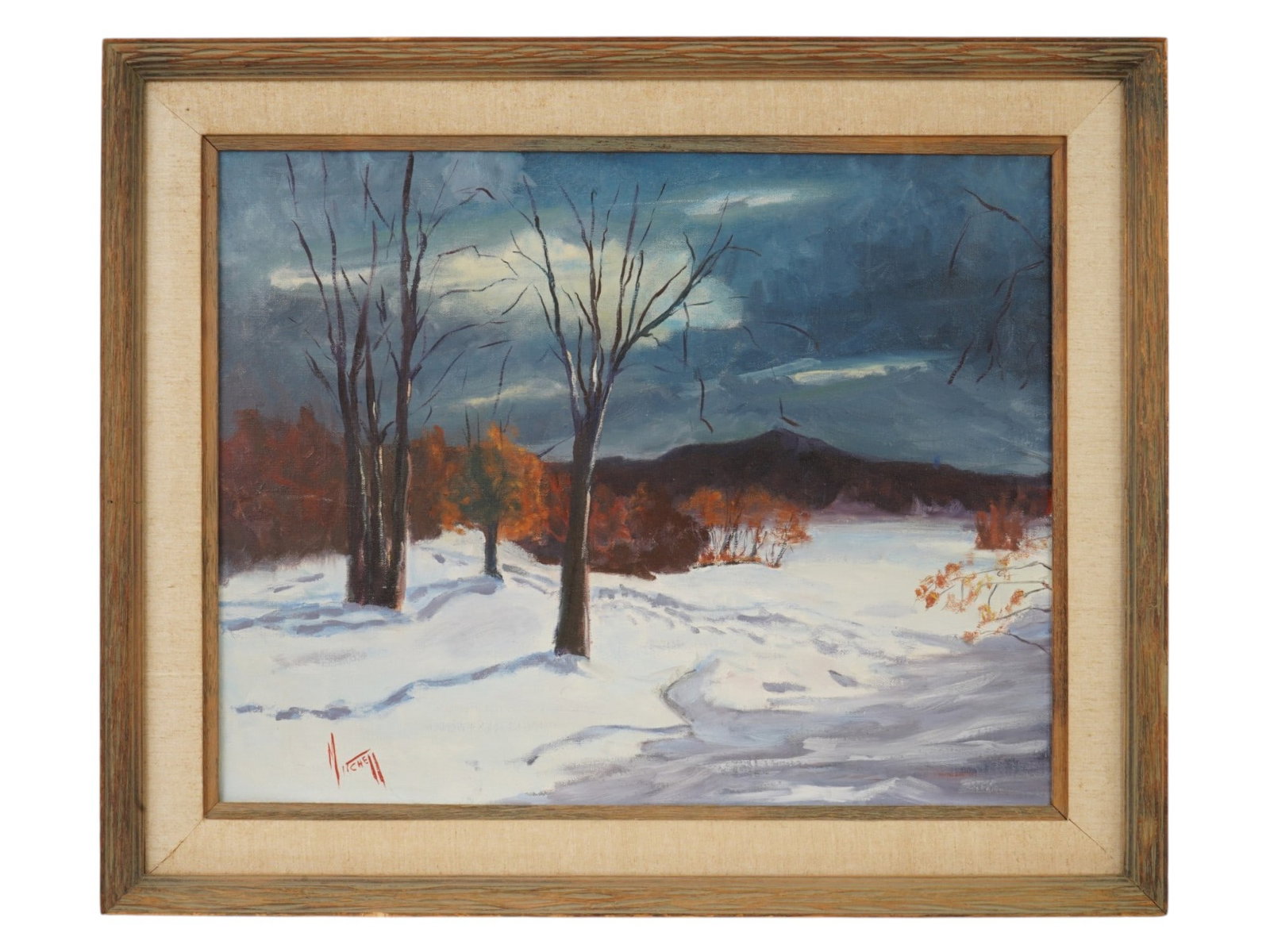 AMERICAN LANDSCAPE OIL PAINTING BY WILLIAM MITCHELL: William Mitchell, American, 1927 to 2024, an oil painting on canvas depicting a winter landscape. Signed lower left. Framed. Stamped on the backside. William Mitchell was an American regional landscap
