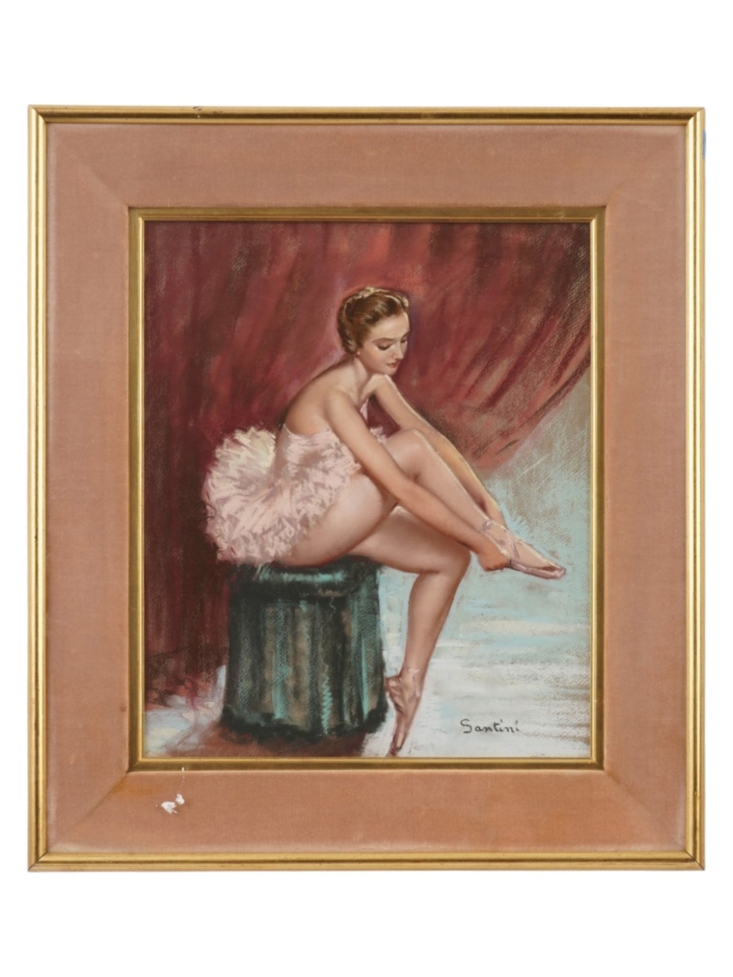 BALLERINA PORTRAIT PASTEL PAINTING SIGNED BY SANTINI: A European School, probably Italian, pastel painting on paper depicting a portrait of ballerina. Signed by the artist, Santini, lower right. Framed. Modernist and Contemporary Fine Art, Female Portrai