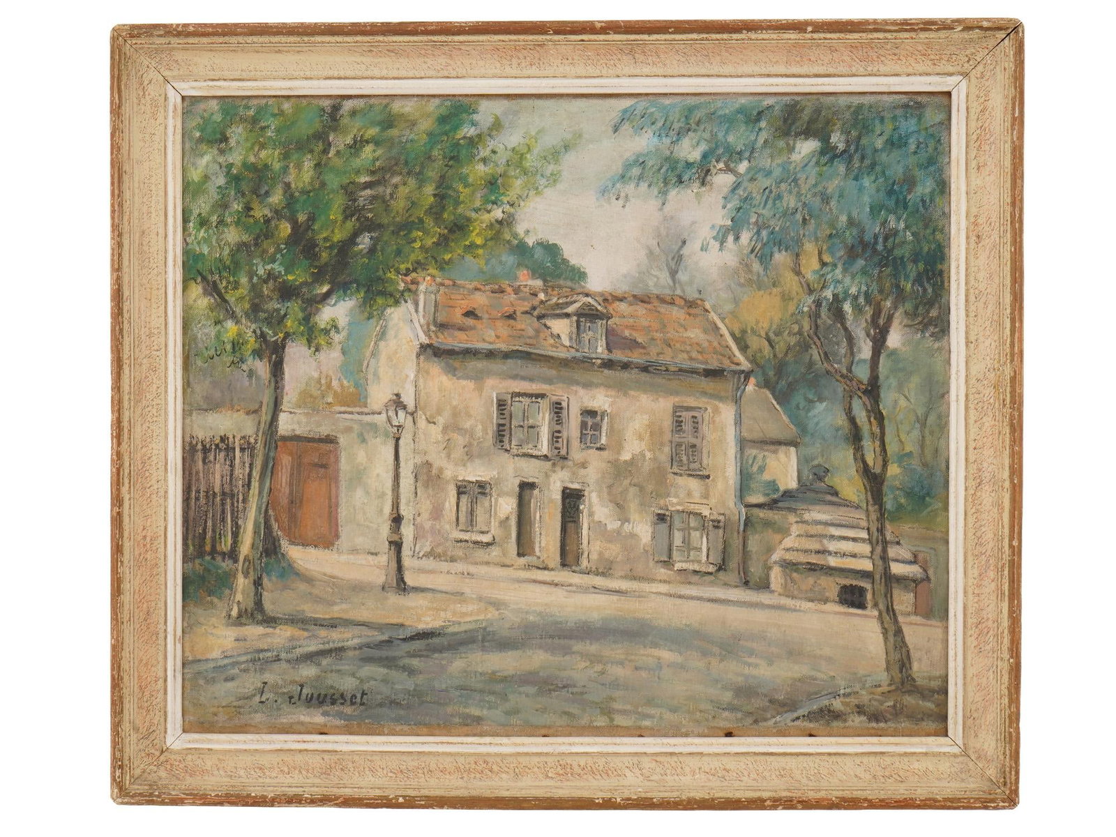 LEON JOUSSET FRENCH POST IMPRESSIONIST OIL PAINTING: Leon Charles Jousset, French, born 1877, oil painting on canvas. A street view of an old French town. Signed lower left. Undated. Framed. Leon Joussete was a Post-Impressionist painter known for his v