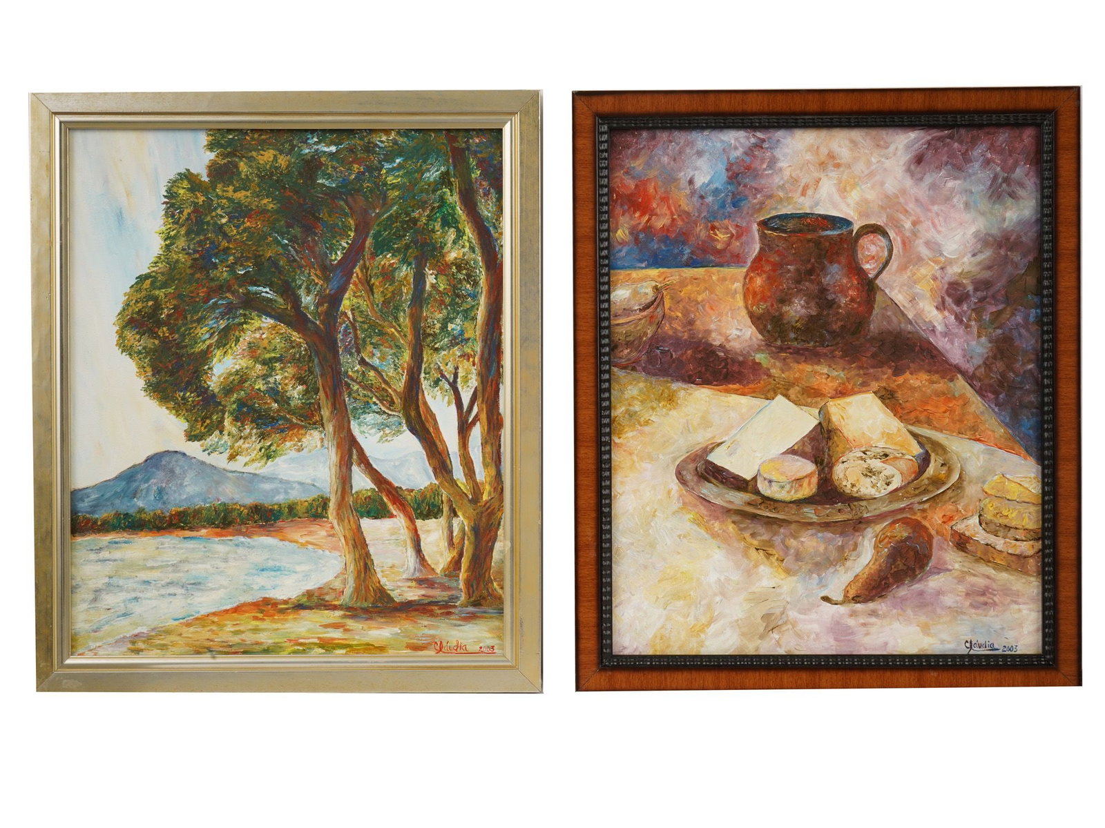 OIL LANDSCAPE AND STILL LIFE BY CLAUDIA 2003: A lot of two modern oil on canvas paintings signed Claudia. The first painting depicts a sunny summer landscape with several trees by the water. The second painting depicts a still life composition on