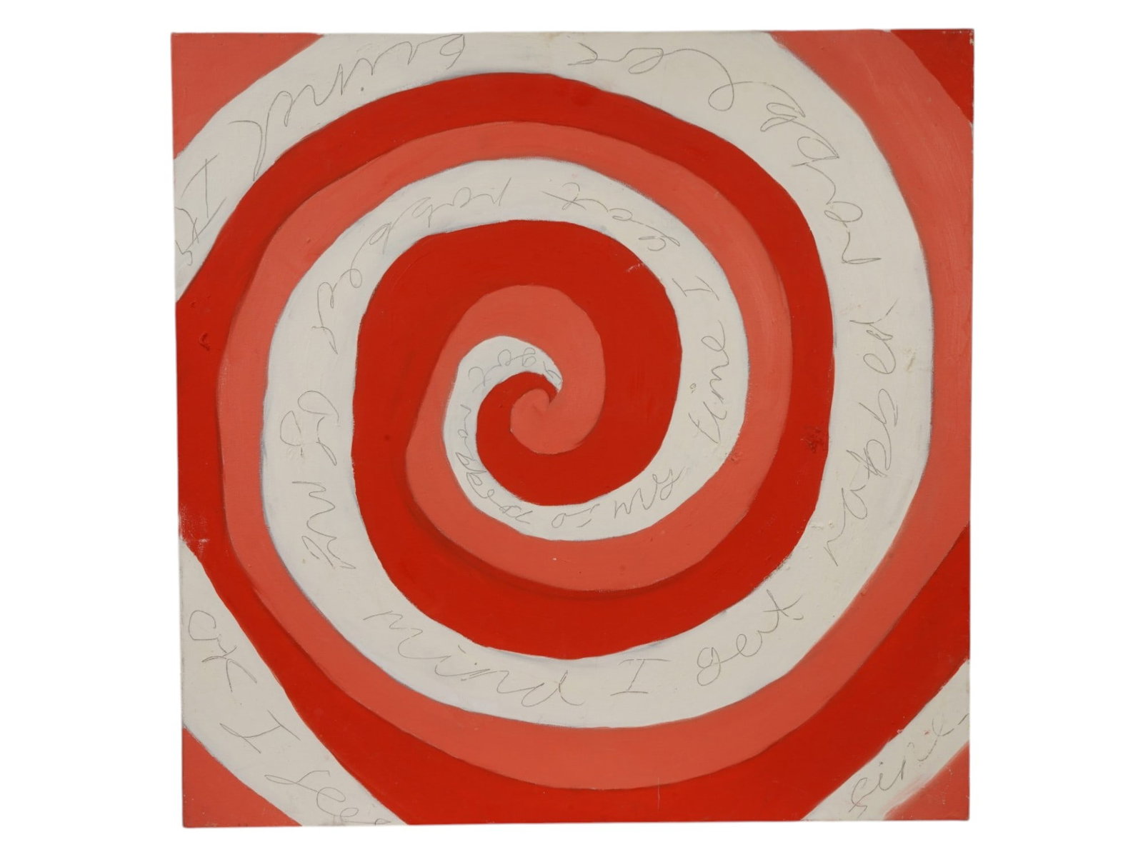VINTAGE OIL ON CANVAS CARNIVAL SPIRAL PAINTING: A vintage oil on canvas Carnival Spiral painting depicted in a retro circus style. The design features a red and white spiral with handwritten text inside. Home Decor, Interior Design, And Collectible