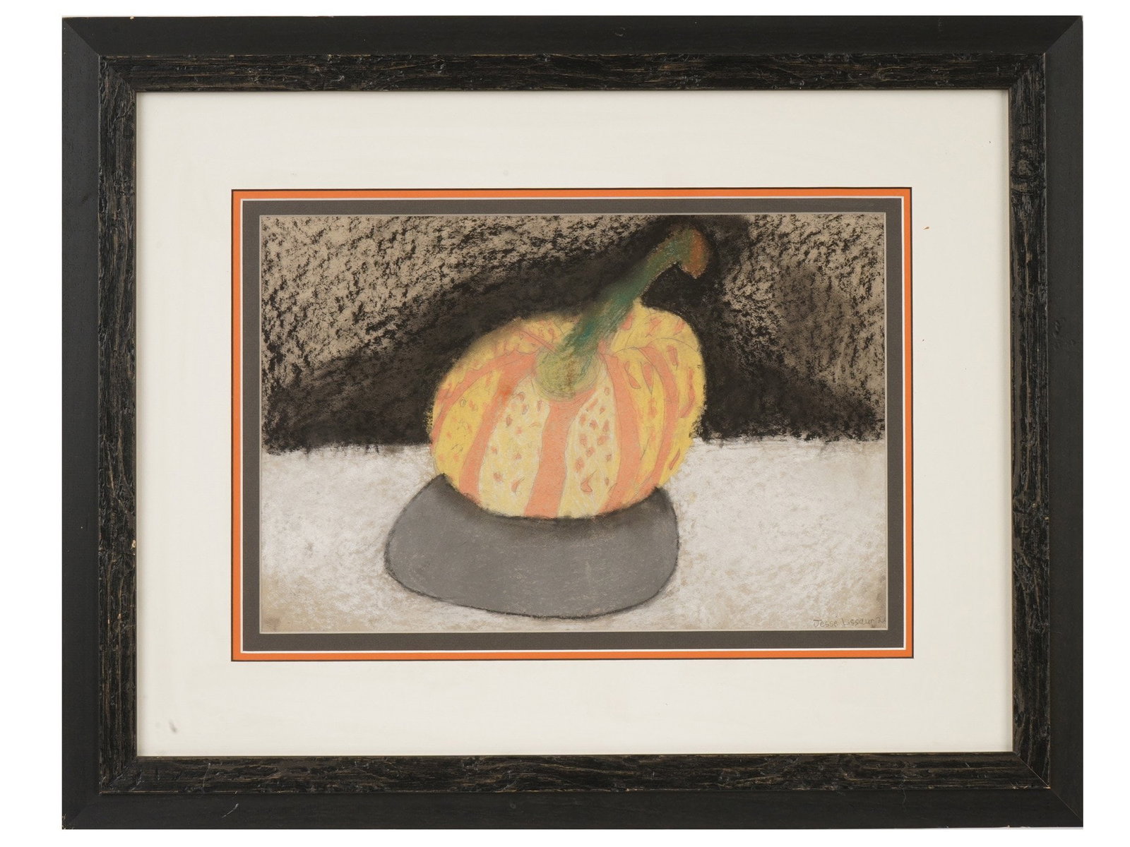 STILL LIFE PAINTING PUMPKIN SIGNED JESSE LISSDUR: A mixed media still life painting on paper depicting a pumpkin with yellow and orange tones. Signed Jesse Lissdur lower right and dated. Matted and framed. Modern Paintings And Art Collectibles. THIS 